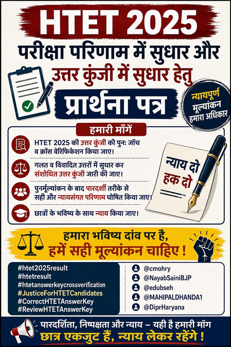 jyo_s13's tweet photo. HTET 2025 परीक्षा परिणाम में सुधार और उत्तर कुं��ी में सुधार हेतु प्रार्थना पत्र।

#htet2025result 
#htetresult #htetanswerkeycrossverification
#JusticeForHTETCandidates
#CorrectHTETAnswerKey
#ReviewHTETAnswerKey

@cmohry
@NayabSainiBJP
@edubseh
@MAHIPALDHANDA1
@DiprHaryana https://t.co/gl2gGuZJJi