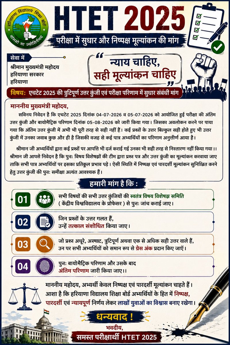 pardeep_durhan's tweet photo. HTET 2025 परीक्षा परिणाम में सुधार और उत्तर कुंजी में सुधार हेतु प्रार्थना पत्र...

#htet2025result 
#htetresult #htetanswerkeycrossverification
#JusticeForHTETCandidates
#CorrectHTETAnswerKey
#ReviewHTETAnswerKey

@cmohry 
@NayabSainiBJP 
@edubseh
@MAHIPALDHANDA1
@DiprHaryana https://t.co/ZblkhODuR3