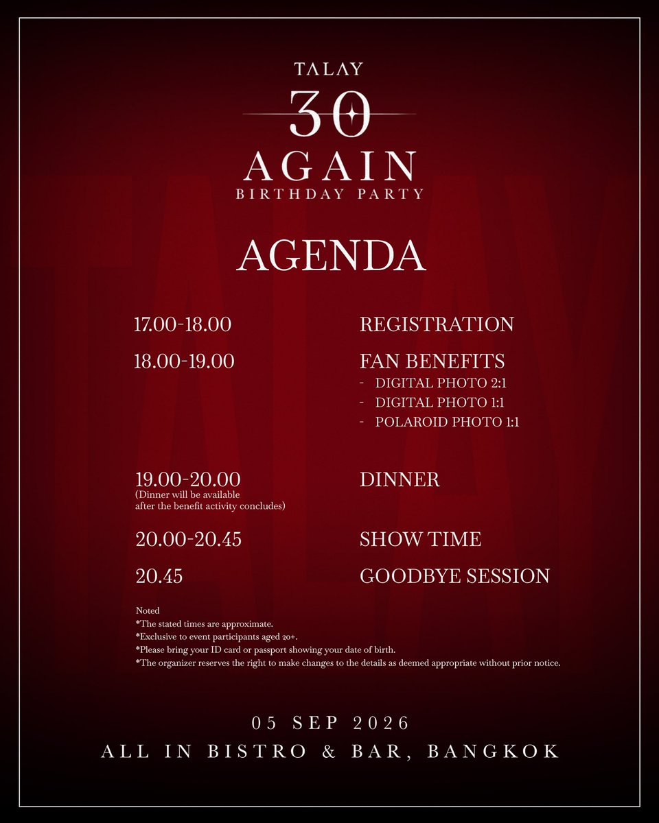 talaylayyo's tweet photo. 𝐓𝐀𝐋𝐀𝐘 𝟑𝟎 𝐀𝐆𝐀𝐈𝐍 𝐁𝐢𝐫𝐭𝐡𝐝𝐚𝐲 𝐏𝐚𝐫𝐭𝐲 ✨
- LIMITED TO JUST 50 SEATS -
Date: 05 September 2026
Time: 05:00 PM – 09:00 PM
Venue: ALL iN Bistro & Bar, Bangkok
🎫 Registration
18 August 2026 at 6:00 PM (GMT+7)
Available via Google Forms
#TALAY30AGAIN #laylayyo https://t.co/snTTDQ97GS