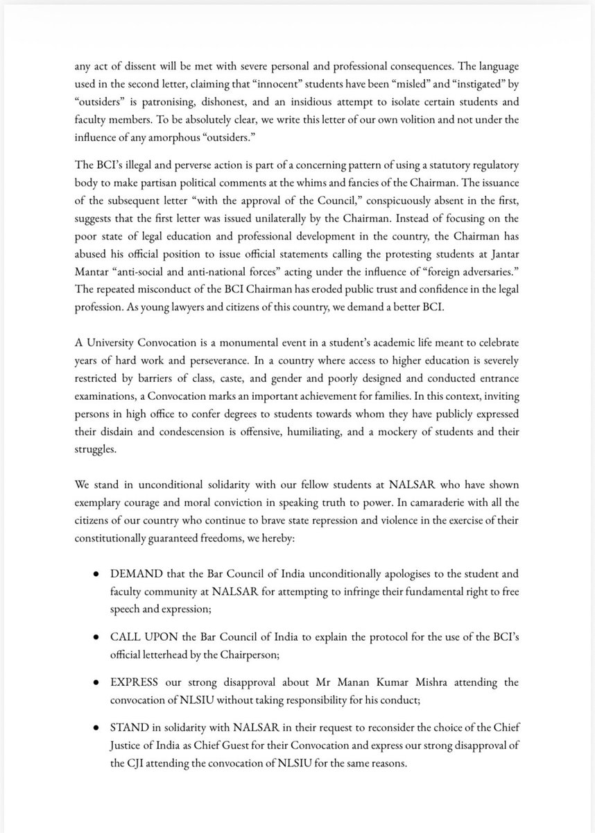 LiveLawIndia's tweet photo. Graduating students of National Law School of India University condemn BCI Chairman’s actions against NALSAR 2026 batch.

They demand unconditional apology from the Bar Council of India, and explanation of the protocol for the use of BCI letterhead by Manan Kumar Mishra. @MishraManan01 @NLSIUofficial @NALSAR_Official