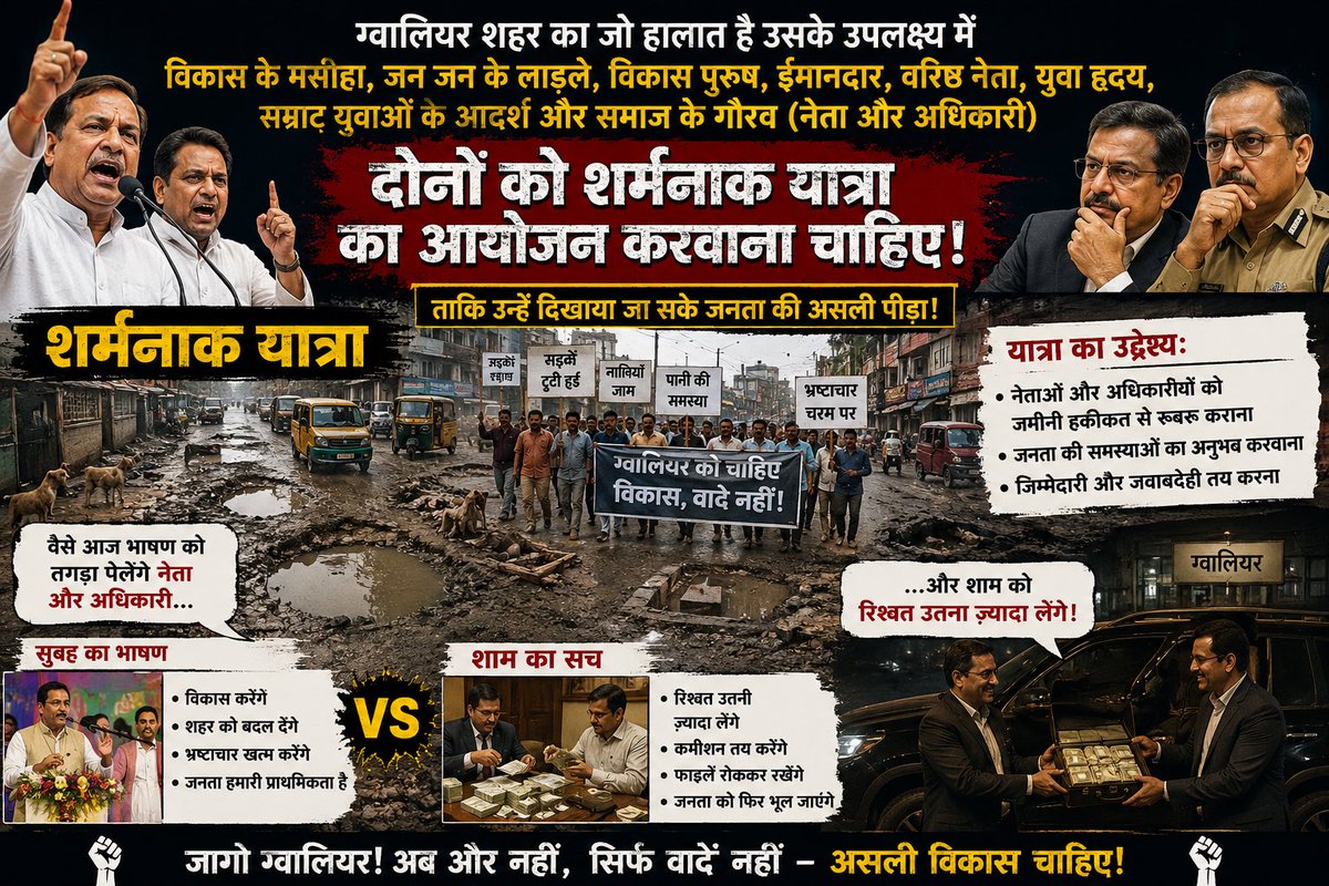 amitmahate's tweet photo. ग्वालियर शहर का जो हालत है उसके उपलक्ष्य में विकास के मसीहा जन जन के लाड़ले विकास पुरुष ईमानदार,वरिष्ठ नेता युवा हृदय ,सम्राट युवाओ के आदर्श और समाज के गौरव (नेता और अधिकारी) 
दोनों को शर्मनाक यात्रा का आयोजन करवाना चाहिए . 
वैसे आज भाषण को तगड़ा पेलेगे नेता और अधिकारी https://t.co/dTSqFwTEkh