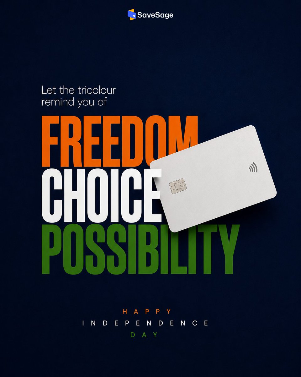 savesage_club's tweet photo. Freedom is not just a feeling. Itโs a choice. โจ
This Independence Day, choose smarter ways to spend, save and earn more from every swipe. ๐ณ
Happy Independence Day from SaveSage! ๐ฎ๐ณ
#SaveSage #IndependenceDay #CreditCards #SmartSavings #Rewardpoints