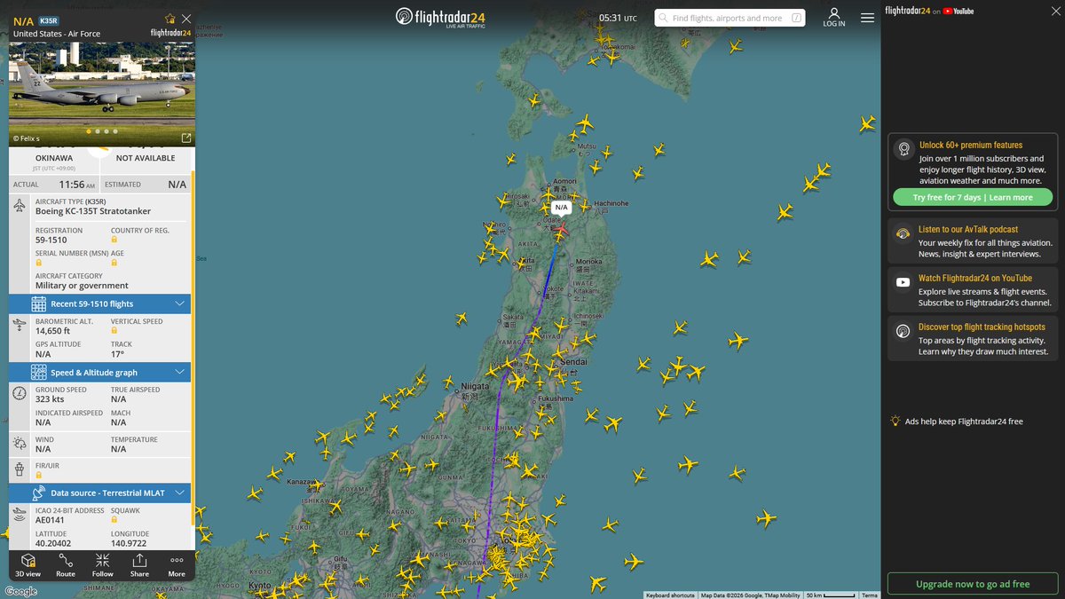 AIYeyENGDdJkjTr's tweet photo. Aug. 15, 2026
#Okinawa Kadena Air Base ==> #Misawa Air Base

#NoCALLSIGN #AE0141 USAF KC-135T Stratotanker https://t.co/zzvnXjw648