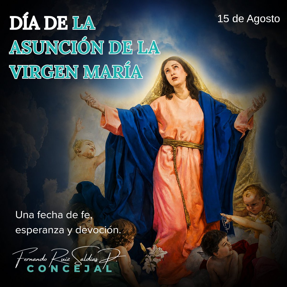 FernandoRuizSP's tweet photo. Hoy celebramos la Asunción de María Santísima al cielo en cuerpo y alma, una fecha de profunda fe y devoción mariana.

Que la Virgen María acompañe y bendiga a las familias paceñas y bolivianas, fortaleciendo nuestra esperanza y unidad.

#AsunciónDeLaVirgen #LaPaz https://t.co/Niq65Wfgsm