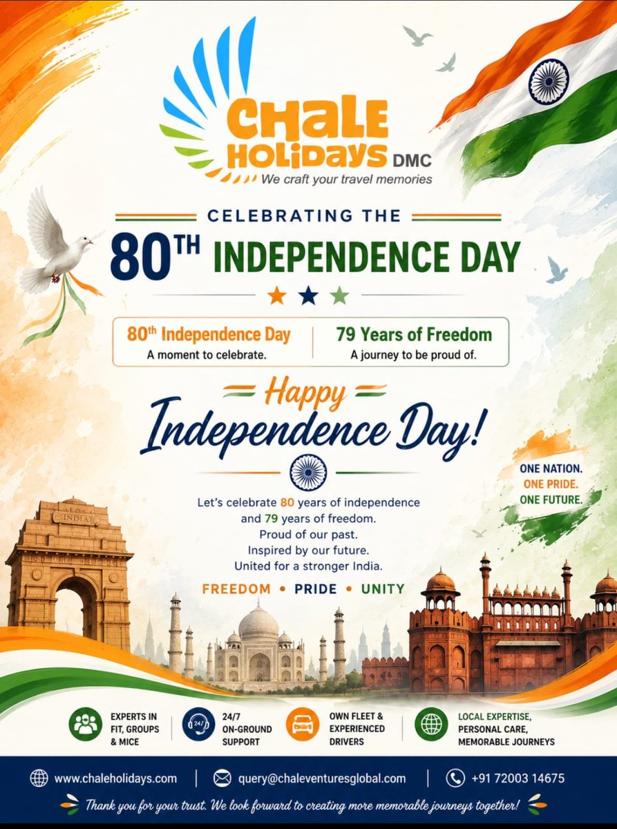 Chaleholidays's tweet photo. 🇮🇳 Celebrating 80 years of Independence and 79 years of freedom!

A nation built on courage, unity and pride. ❤️🤍💚

Here’s to honouring our past, celebrating our present and inspiring a stronger future.

Happy Independence Day! 🇮🇳

#IndependenceDay #ChaleHolidays https://t.co/83EklFfJHF