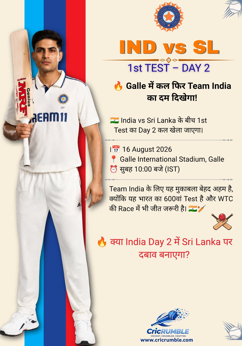 cricrumble's tweet photo. #INDvsSL #INDvsSL2026 #INDvsSL1stTest #Day2 #TeamIndia #IndiaVsSriLanka #ShubmanGill #GalleTest #IndianCricket #BCCI #WTC2026 #CricketNews #TrendingCricket #600thTest #SriLankaVsIndia #CricRumble https://t.co/mOGMtmLoUS