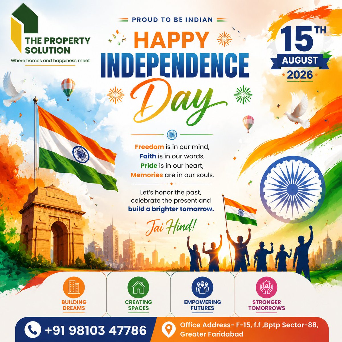 Thepropert29962's tweet photo. 🇮🇳 Happy 80th Independence Day 2026!

📞 +91 98103 47786
📍 F-15, F.F., BPTP Sector-88, Greater Faridabad

#HappyIndependenceDay #IndependenceDay2026 #15August #JaiHind #VandeMataram #ProudToBeIndian #IndianFlag #Freedom #NationFirst #ThePropertySolution https://t.co/YJUYyFNe3j