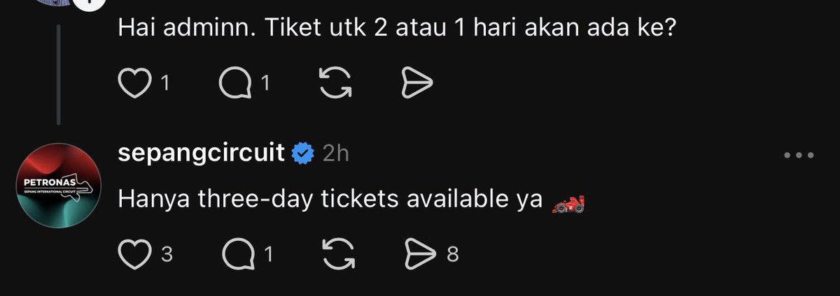 f1speed_indo's tweet photo. Konfirmasi dari sirkuit Sepang: hanya tersedia tiket tiga hari.

Tidak ada one-day pass. https://t.co/MCyA0hrip4