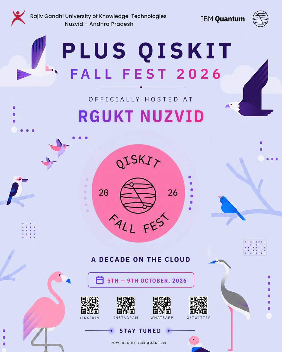 qff_rguktnuzvid's tweet photo. What if five days could change the way you look at technology? 👀🔮
Get ready for PLUS QISKIT FALL FEST 2026 at RGUKT Nuzvid! ⚡
Those five days? They’re happening from 5th to 9th October!⚛️💫
So, the dates are out... and the countdown is on!⏳
#RGUKTNUZVID,#IBM,#QISKITFALLFEST https://t.co/TvkqYS3gWR
