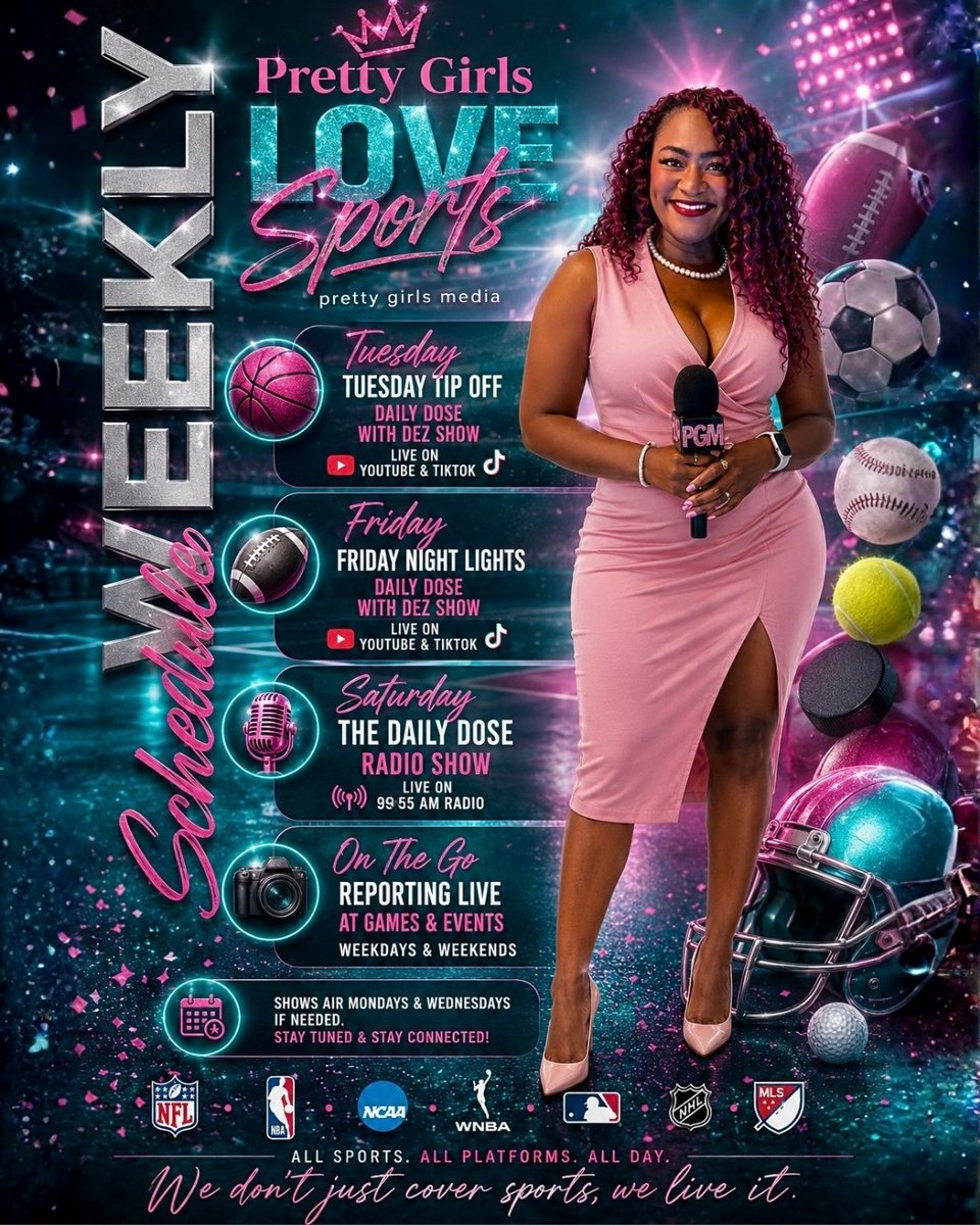 PGLoveSports's tweet photo. THE NEW PRETTY GIRLS LOVE SPORTS WEEKLY SCHEDULE IS HERE! 🚨

We’ve got a fresh lineup bringing you sports news, conversations, reporting, culture &amp; more all week long! 🔥

@PGLOVESPORTS across all platforms

#PrettyGirlsLoveSports #DailyDoseWithDez #SportsMedia https://t.co/TKS2NYwDYx