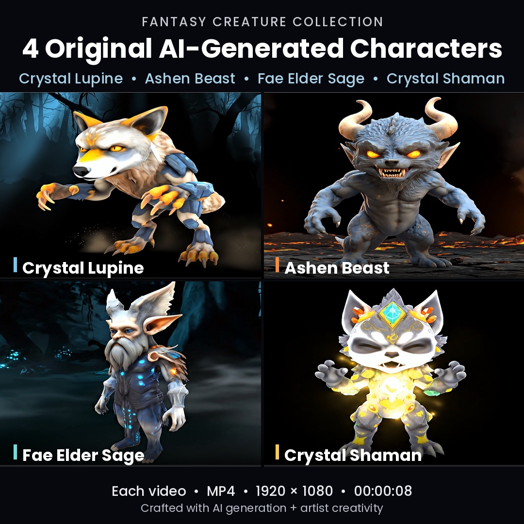 anyinfo69's tweet photo. Fantasy Creature Collection — 4 Original AI-Generated Characters (Wolf, Demon, Fae Sage & Fox Shaman) | 8s 1080p Animated Bundle https://t.co/WeM1JlGilV
#FantasyBundle #CreatureCollection #FantasyPack #AIGenerated #GameAssets #DigitalArtBundle #CharacterPack #FantasyArt #RPG https://t.co/ruwQ6bwa4p