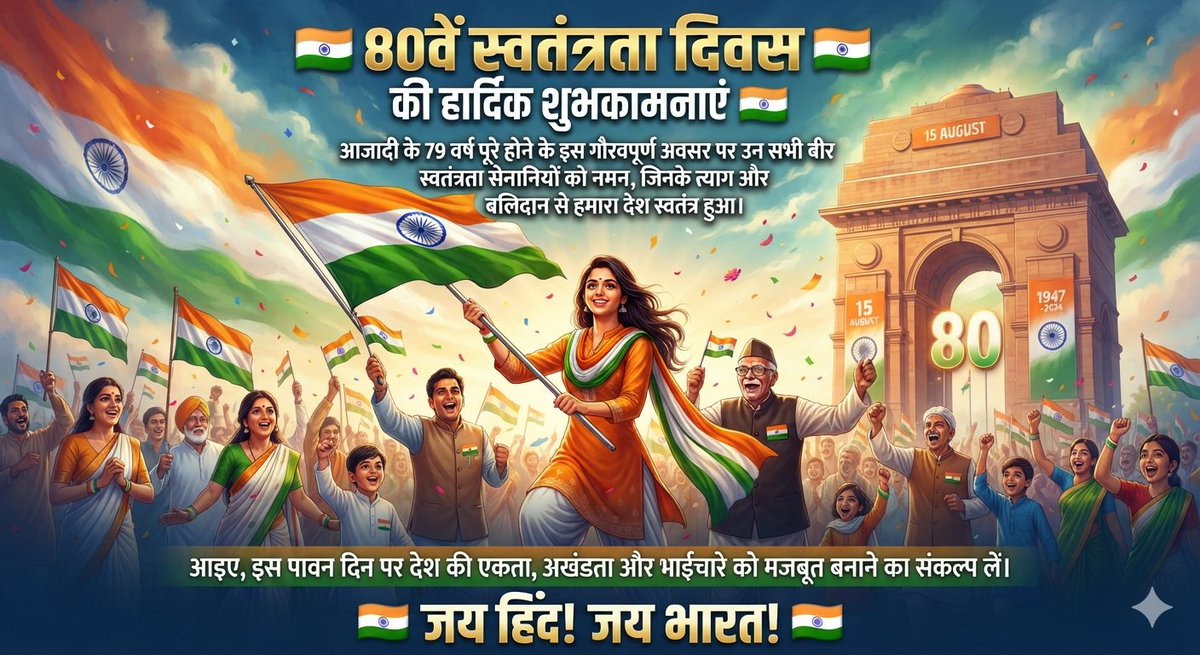 DabbuSharmaG's tweet photo. आजादी के 79 वर्ष पूरे होने के इस गौरवपूर्ण अवसर पर उन सभी वीर स्वतंत्रता सेनानियों को नमन, जिनके त्याग और बलिदान से हमारा देश स्वतंत्र हुआ।
आप सभी को 80वें स्वतंत्रता दिवस की हार्दिक शुभकामनाएं।
🇮🇳 जय हिंद! जय भारत! 🇮🇳 https://t.co/udBwCn9cZD
