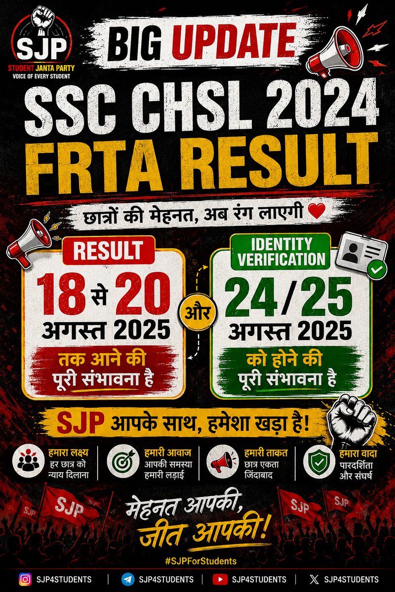 sjp4students's tweet photo. 🚨 SSC CHSL 2024 FRTA Result

📌 Result: 18–20 अगस्त तक आने की संभावना
📌 Identity Verification: 24/25 अगस्त संभावित

⚠️ Official confirmation का इंतजार करें।

#SSCCHSL #FRTAResult #SSCUpdate https://t.co/f9U32GiYg5