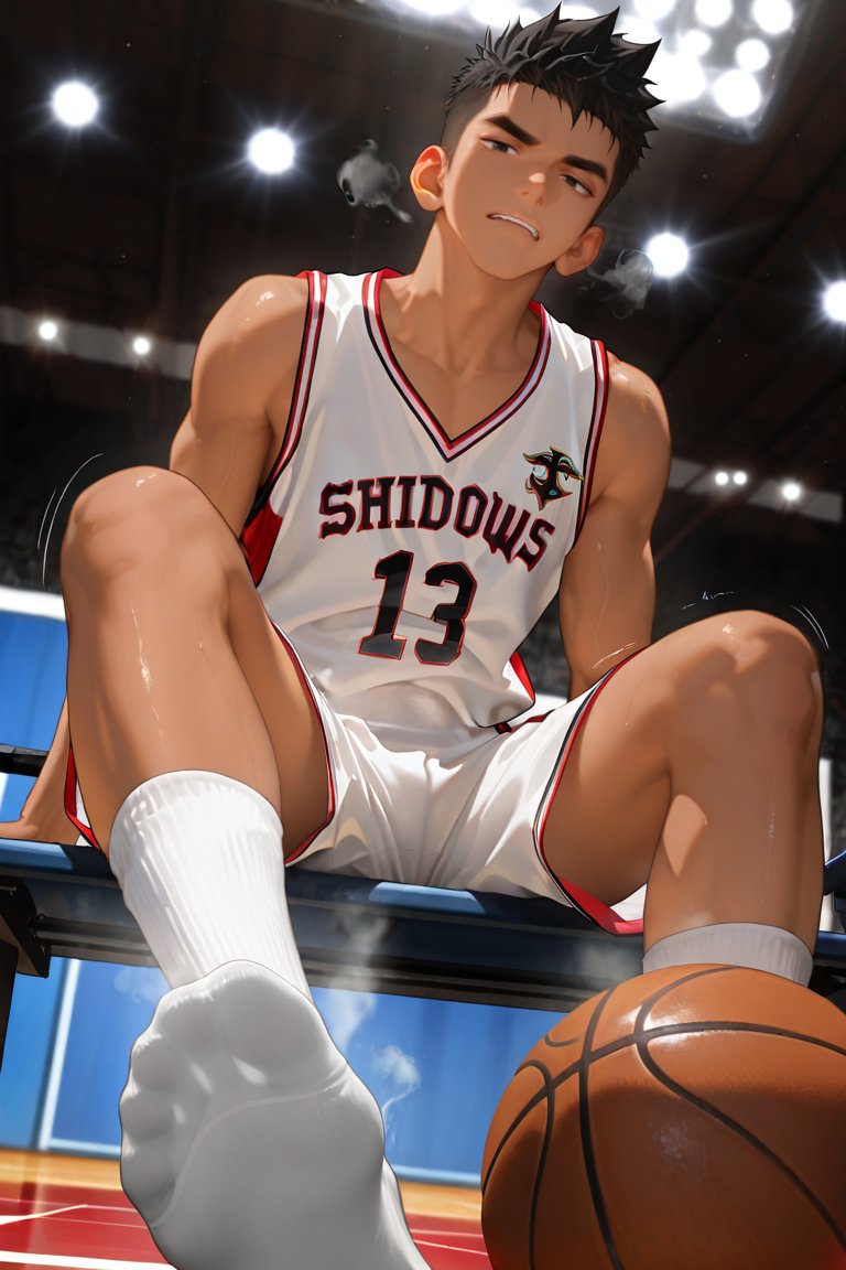 TheAbsurdUser's tweet photo. During the halftime break, Leo sits on the courtside bench, sweat sliding down his tense muscle lines. His long legs stretch out casually, the ankles wrapped in white socks gleaming under the lights. He radiates an irresistible hormonal aura. https://t.co/nvDLHZxgf7