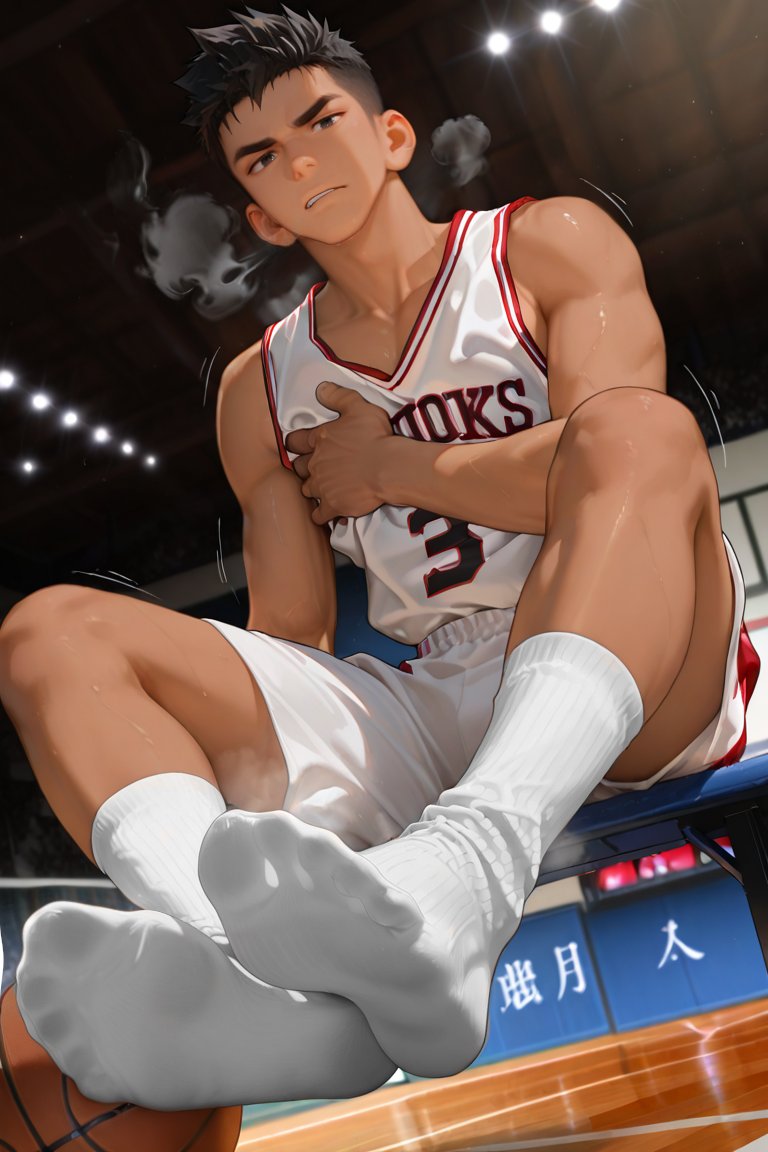 TheAbsurdUser's tweet photo. During the halftime break, Leo sits on the courtside bench, sweat sliding down his tense muscle lines. His long legs stretch out casually, the ankles wrapped in white socks gleaming under the lights. He radiates an irresistible hormonal aura. https://t.co/nvDLHZxgf7