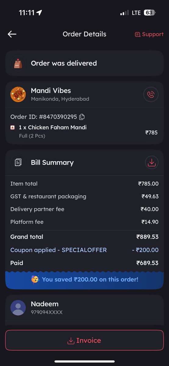 NaddyNk's tweet photo. @zomato Paid ₹689 for an order, but the actual restaurant bill was only ₹595. That’s nearly ₹100 extra. What exactly is this additional charge for?
If I hadn’t checked the actual bill, I would have completely missed the discrepancy. Please explain this #zomato #scamawareness https://t.co/N8RwWUfz5u