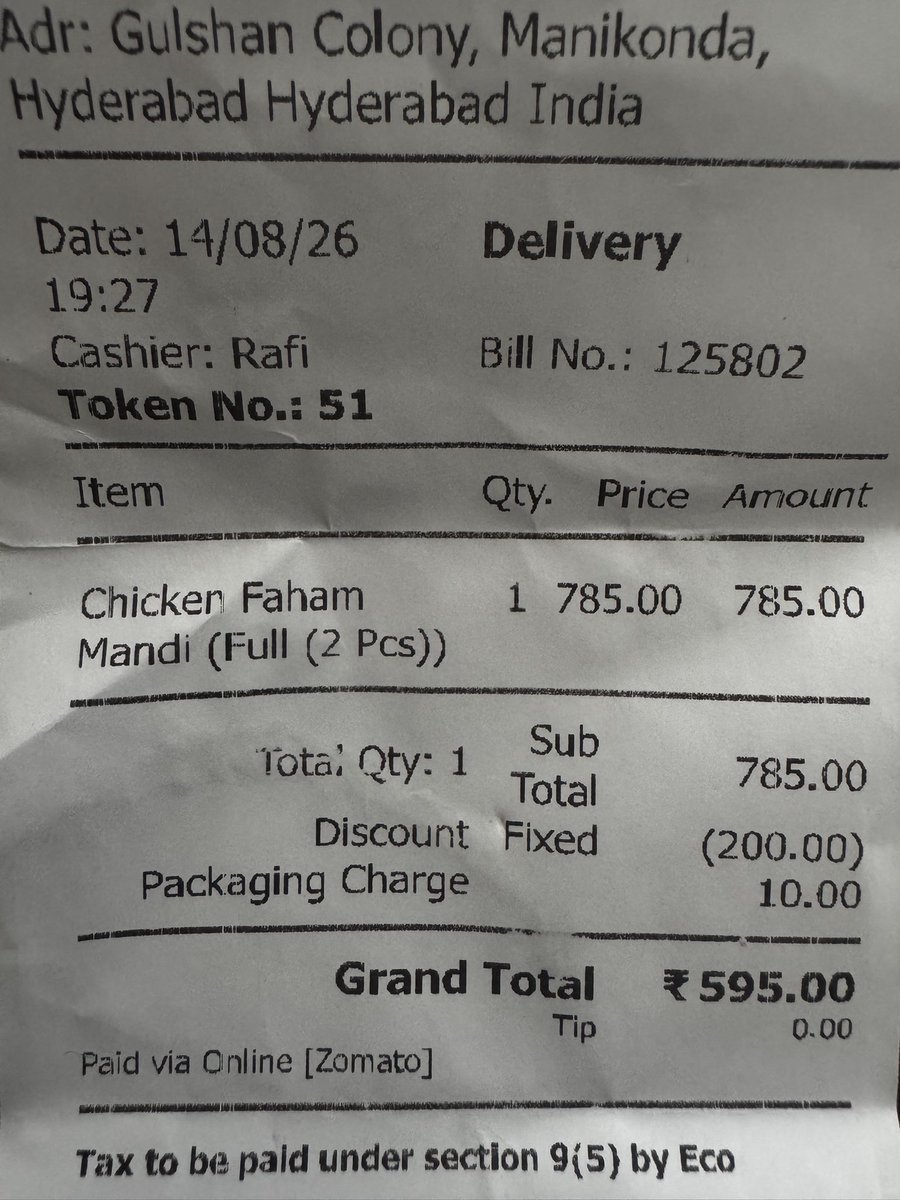 NaddyNk's tweet photo. @zomato Paid ₹689 for an order, but the actual restaurant bill was only ₹595. That’s nearly ₹100 extra. What exactly is this additional charge for?
If I hadn’t checked the actual bill, I would have completely missed the discrepancy. Please explain this #zomato #scamawareness https://t.co/N8RwWUfz5u