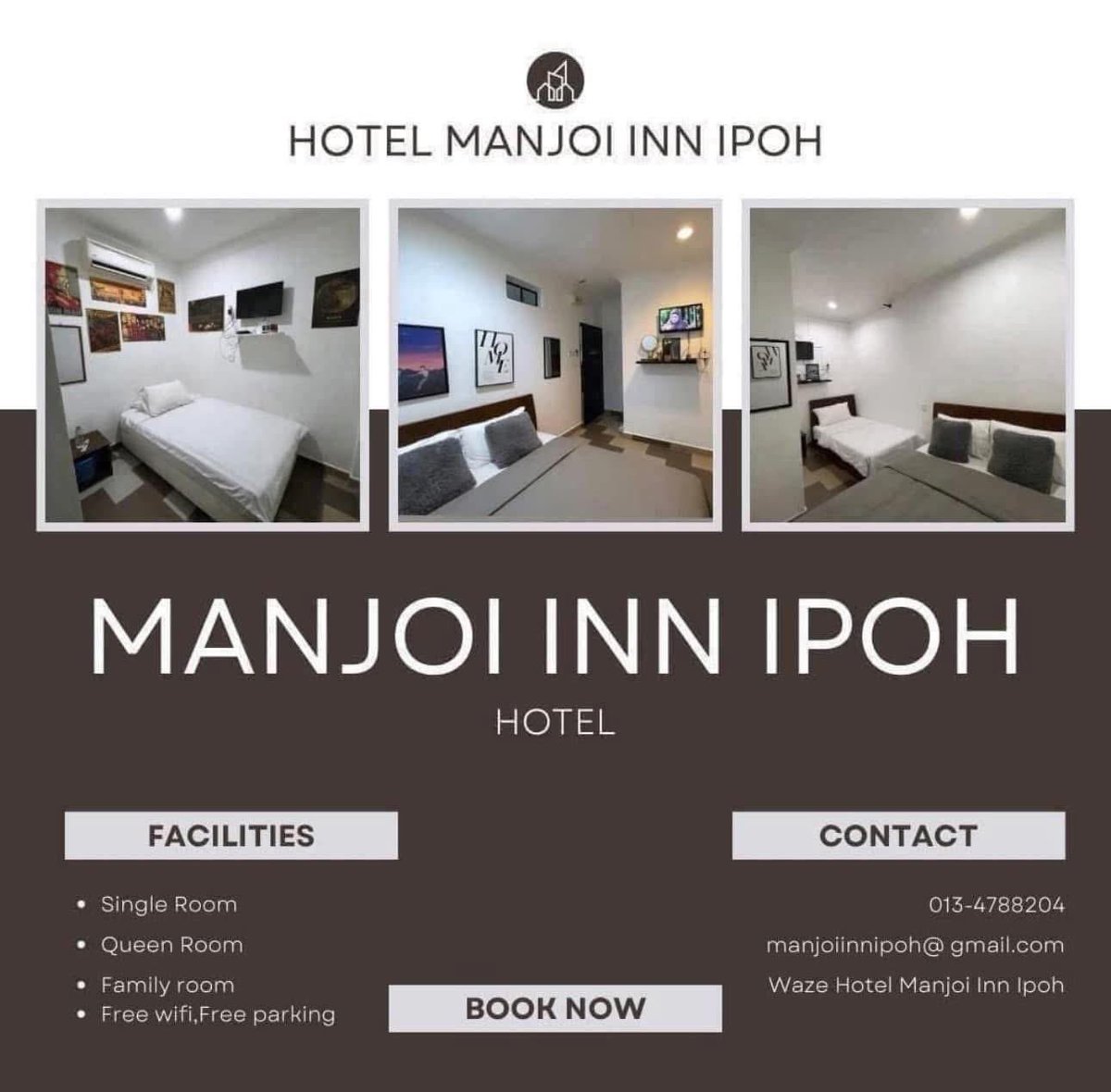 imsyedsafwan's tweet photo. Tempah bilik sekarang di Hotel Manjoi Inn Ipoh .Walk in pun boleh. 
Ada 3 pilihan bilik yang kami tawarkan:
SINGLE ROOM QUEEN ROOM &amp;
FAMILY ROOM .
Isnin-Ahad: Waktu operasi: 24 jam.
Moh ke Ipoh Kome‼️🤗
☎️013-4788204
@MohKeIpoh #hotelipoh https://t.co/tDGzSmmj0g