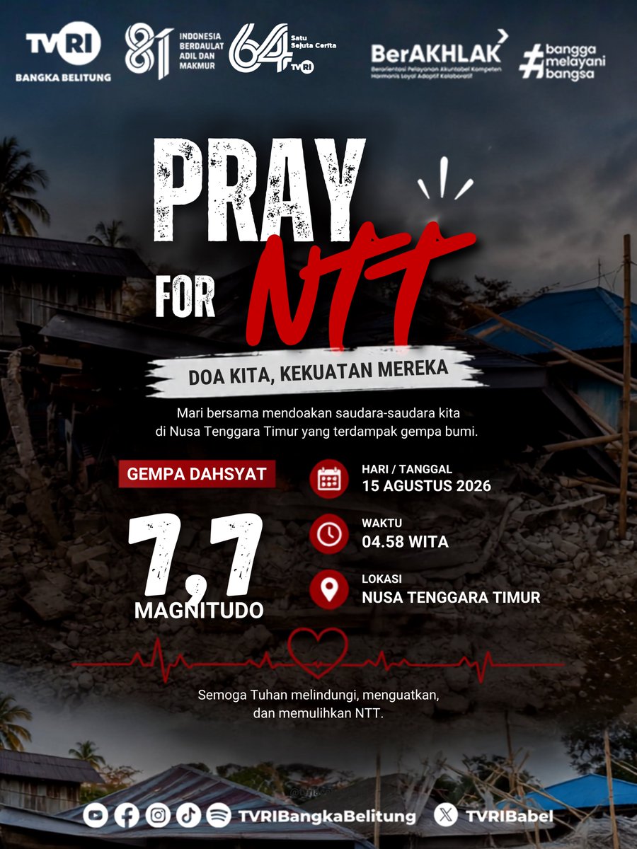 TVRIBabel's tweet photo. Mari bersama mendoakan saudara-saudara kita di Nusa Tenggara Timur yang terdampak gempa bumi Magnitudo 7,7 pada pagi tadi (15/8).
Doa kita, kekuatan mereka. Semoga Tuhan senantiasa melindungi, memberikan ketabahan, dan memulihkan keadaan NTT. 🙏✨

#PrayForNTT #NTTKuat #TVRIBabel https://t.co/GR1HttyFw1