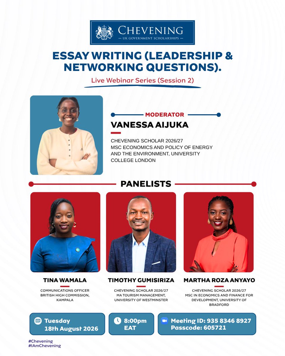 PeshPoni's tweet photo. Wondering how best to write a competitive Chevening essay? ✍🏾

Join us on Tuesday, 18 August at 8:00 PM EAT for our second session of the Chevening Mentorship Programme (CMP) on:
📝Essay Writing: Leadership & Networking Questions

We’ll explore how to approach these essay questions, structure your responses, and showcase your experiences in a compelling and competitive way.

🎥 Missed our first session?
About the Chevening Scholarship, Eligibility & Portal Navigation is now available here: 🔗 https://t.co/gnjMaUIbFj
Passcode: G0kws.1j

Apply for the #Chevening Scholarship here 🔗 https://t.co/XTa51EIRha