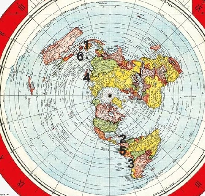 Frankpkopp's tweet photo. I asked Grok multiple times to draw a flat earth map showing the recent earthquakes however Grok refused to do it every time. 
So I've attempted to add numbers 1-6 on this flat earth map.

Interesting that the quakes go in a line (kind of).
@elonmusk @grok https://t.co/g255iPBmFK