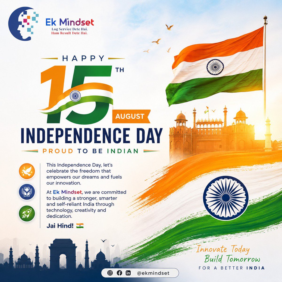 ifeelfounder's tweet photo. India, Our Pride 🇮🇳

On this Independence Day, EK Mindset celebrates the spirit of freedom, unity, courage, and progress that continues to shape our incredible nation.

May we always have the courage to dream bigger, the mindset to innovate.

Happy Independence Day!
Jai Hind! https://t.co/u8x4FWVdsP