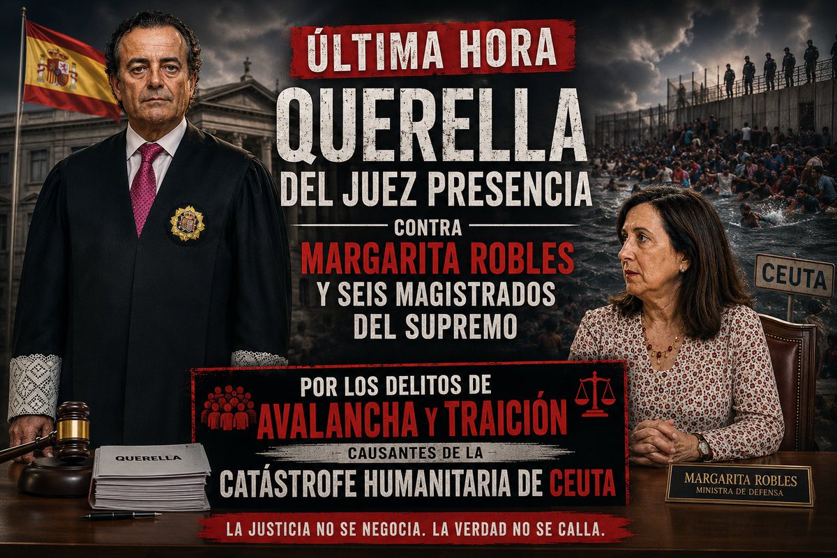 juez_fpresencia's tweet photo. 🔴ÚLTIMA HORA: Aquí tienes la querella del juez Presencia contra Margarita Robles y seis magistrados del Supremo, por los delitos de avalancha y traición causantes de la catástrofe humanitaria de Ceuta.

El escrito de la querella que se hará pública en unos días, se fundamenta en dos artículos del Código Penal.

Por un lado, el que se refiere al delito de “avalancha” (el artículo 557.5) donde se castiga al que la provoque en el público, poniendo en situación de peligro la vida o la salud de las personas.

De otra parte, el delito de traición del artículo 584, que castiga el propósito de favorecer a una potencia extranjera para falsificar  información secreta o reservada, susceptible de perjudicar la seguridad nacional o la defensa nacional.

El elemento aglutinador de ambos delitos sería la sentencia del Supremo (tristemente famosa) procedente de su Sala Tercera, la número 814/2026, que según la querella “habría creado una doctrina falsa sobre las devoluciones en caliente que, en vez de disuadir, alentaba el efecto llamada multiplicando los flujos migratorios procedentes del Reino de Marruecos”.

Hay que tener en cuenta que, hasta la fecha, han aparecido ya casi dos centenares de cadáveres en las aguas españolas y marroquíes, y además se calcula que el número de personas que entraron en Ceuta los últimos días del mes de julio asciende ya a más de 70.000.

También hay que destacar que, tanto Margarita Robles como dos de los magistrados de la Sala del Supremo que dictó la sentencia fake (Lucas y Lesmes) han sido denunciados ante la AAI por tener cuentas en paraísos fiscales.

En concreto, MARGARITA ROBLES tiene ingresado en cuentas bancarias de diversos paraísos fiscales (Caracas, Lisboa, México y Suiza), más de 6.000.000€. 

Lucas Murillo de la Cueva aparece como beneficiario de 15 depósitos de 200.000 € cada uno (por un importe total de 3.000.000 €) en el BANQUE BCP DE LUXEMBURGO. 

Y Carlos Lesmes Serrano aparece como beneficiario de 17 depósitos de 100.000 € cada uno (por un importe total de 1.700.000€) en el STANDARD BANK ISLE OF MAN.

- VER QUERELLA: https://t.co/7ubWAcMzmR