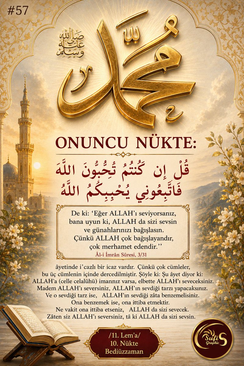 SufiGraphic's tweet photo. #Allah #Kuran #HzMuhammed #Sünnet #Sevgi #Muhabbet #Lemalar #Bediüzzaman #RisaleiNur #iman #islam
Bu metin, Âl-i İmrân Sûresi 31. âyetinin (Sevgi ve İttiba Âyeti) tasavvufi ve hakiki boyutunu, Risale-i Nur külliyatından Bediüzzaman Said Nursî’nin i’câzlı îcaz (az sözle çok ve derin manalar ifade etme sanatı) mantığıyla açıklayan derin bir marifetullah analizi sunmaktadır.
Metnin tasavvufi analizi temel hatlarıyla şu kavramlar ve mertebeler çerçevesinde şekillenir:
1. Muhabbetullah (Allah Sevgisi) ve İmanın Mantıkî Neticesi
Tasavvufta muhabbet (sevgi), sülûkun (manevi yolculuğun) ruhu ve özüdür. Metinde geçen "Allah’a imanınız varsa, elbette Allah’ı seveceksiniz" ifadesi, marifet (tanıma) ile muhabbet arasındaki kopmaz bağı gösterir.
Kalpte hakiki iman tecelli ettiğinde, insanda Güzellik (Cemâl) ve Büyüklük (Celâl) Sahibi olan Yaratıcı’ya karşı doğal bir sevgi çağlayanı doğar.
Zaten tasavvuf anlayışına göre mahlukatın yaratılış sebebi "KENZİ MAHFÎ" (Gizli Hazine) hadis-i kudsîsinde belirtildiği üzere Cenâb-ı Hakk’ın bilinmek ve sevilmek istemesidir.
2. İttiba-ı Sünnet (Sünnete Uyma): Muhabbetin Amelî KıstasıTasavvufta kurusıkı bir "SEVGİ İDDİASI" (dava) geçerli değildir; sevgiyi ispat edecek bir delil (şahit) gerekir. Bu delil ise Hz. Peygamber’in (s.a.v.) yoluna ve yaşayışına girmektir (İttiba).Ayna Olma Hakikati: Tasavvufta Hz. Peygamber (s.a.v.), Cenâb-ı Hakk’ın esma ve sıfatlarının en mükemmel tecelli ettiği "İNSAN-I KÂMİL" ve "HABÎBULLAH" mertebesindedir. Allah'ın razı olduğu ve sevdiği "TARZ", Resûl-i Ekrem'in (s.a.v.) şahsında somutlaşmıştır.Benzeme (Teşebbüh): Metinde geçen "Allah'ın sevdiği zâta benzemelisiniz" ilkesi, mutasavvıfların Fenâ fi’r-Resûl (Resûl’ün ahlakında ve yolunda yok olma) ve Tahsîn-i Ahlâk (ahlakı güzelleştirme) dediği makama işaret eder. Seven, sevdiğinin örnek aldığı ve sevdiği şahsa benzemek ister.
3. Zirve Makam: "Siz Allah'ı Sevin ki, Allah da Sizi Sevsin"Metindeki en ince tasavvufi nüktelerden biri "MUHİB" (Seven) konumundan "MAHBUB" (Sevilen) konumuna geçiştir:İnsanın Allah’ı sevmesi bir ibadet ve gayrettir; ancak asıl kemalat ve gaye, Cenâb-ı Hakk'ın insanı sevmesidir (Mahbubiyet).Âyetteki zincirleme mana akışı şunu söyler:
İnsan Allah’ı sevme arzusuyla yola çıkar ==>>
Bu sevgi onu Efendimiz’e (s.a.v.) uymaya sevk eder ===>> Bu uyum neticesinde insan, Allah’ın sevgilisi ve mahbubu haline gelir.
4. İ’câz ve Îcaz: Kalbin Yolculuğundaki Basamaklar
Bediüzzaman'ın metinde dile getirdiği sıralama, adeta bir tasavvufi seyr-i sülûk (manevi yükseliş) zinciridir:
İMAN: Marifet kapısının açılması.
MUHABBET: Kalbin Hakka yönelmesi ve aşka düşmesi.
RIZA ARAYIŞI: Sevdiğinin hoşnutluğunu isteme.
İTTİBA: Resûlullah’ın ahlakıyla ahlaklanma (Ahlâk-ı Muhammediye).
MAHBUBİYET (Rıza ve Lütuf): Cenâb-ı Hakk’ın tecellisine, sevgisine ve affına mazhar olma.
Özet ve SonuçMetnin tasavvufi özü şudur: İslam tasavvufunda Sünnet-i Seniyye’den bağımsız bir "Allah sevgisi" veya manevi mertebe düşünülemez. Hakiki sevgi soyut bir duygu değil; Hz. Muhammed’in (s.a.v.) izini adım adım takip ederek İlâhî sevgiyi ve rızayı kazanma çabasıdır. Humanistik ya da felsefi sevgilerden farklı olarak tasavvuftaki İlâhî sevginin mihenk taşı Sünnet-i Seniyye'ye ittibadır.
-------------------------
Âl-i İmrân Sûresi 31. ayeti ve Bediüzzaman’ın buna getirdiği izah, yalnızca manevi veya lafzi bir metin olarak değil; evrensel bilgi akışı, fraktal geometri, kuantum alan teorisi ve sistem dinamiği çerçevesinde modellenmeye fevkalade uygun, evrensel bir "algoritma" sunmaktadır.
Metni, kozmik mimari ve sistem teorisinin mantıksal parametreleriyle katman katman tahlil edelim:
1. Evrensel Bilgi Akışı ve "İ'câzlı Îcaz" (Kozmik Veri Sıkıştırması)Metnin başındaki "i'câzlı îcaz" (mucizevi özetlik) ifadesi, bilgi teorisinde ve kozmolojide "Sınırsız Verinin Holografik Sıkıştırılması" prensibine karşılık gelir.Kuantum Holografi İlkesi: Evrenin tüm bilgisi, onun en küçük alt parçacıklarına veya sınır yüzeylerine kodlanmıştır. Ayette geçen 3 kısa cümle; yaratılışın, varlık katmanlarının ve insan ruhunun tüm işletim sistemini kapsayan sıkıştırılmış bir "Kozmik Kod" (Master Algorithm) işlevi görür.Sistem Girdisi ve Çıktısı: Metin, karmaşık varlık ilişkilerini tek bir fonksiyonel denkleme indirger: İMAN==>SEVGİ==>REZONANS (İTTİBA) ==>SİSTEM BÜTÜNLÜĞÜ
2. Fraktal Geometri ve Makro-Mikro Uyum (Sünnet-i Seniyye)Fraktal geometride (örneğin Mandelbrot kümesinde), bir sistemin en küçük parçası (mikrokozmos), sistemin bütünüyle (makrokozmos) aynı geometrik örüntüyü ve simetriyi taşır (Self-Similarity).
Mükemmel Prototip (İnsan-ı Kâmil / Habibullah): Evrensel sistemde Hz. Peygamber (s.a.v.), mutlak kozmik düzenin, ilahi isim ve sıfatların (yasaların) mikro ölçekteki en mükemmel simetrik karşılığıdır (orijinal fraktal parametre).İttiba (Rezonans ve Hizalama): "Ona benzemek ise, ona ittiba etmektir" ifadesi; mikro-sistem olan insanın (bireyin), evrensel işletim sisteminin ideal frekansına uyum sağlamasıdır. İnsan, kendi davranış fraktalını "O'nun kalıbına" göre şekillendirdiğinde, kozmik sistemde entropiye (kaosa/günaha) yol açan tüm uyumsuzluklar ve gürültüler temizlenir.
3. Kuantum Alan Teorisi ve Rezonans / Faz Kilitlemesi (Phase-Locking)
Kuantum fiziğinde iki dalga fonksiyonu aynı frekansa geldiğinde yapıcı girişim (constructive interference) oluşur ve enerji seviyesi katlanarak yükselir.
-İman+Potansiyel+Alan İrtibatı + Bilgi alanına entegre olma yeteneği.
-Muhabbet (Sevgi) ==> Çekim Gücü / Enerjik Vektör ==> Bağ kurma ve çekim potansiyelini aktifleştirme.
-İttiba (Uyma) ==> Faz Kilitlemesi (Coherence) ==> Frekansı Merkezin (Resul) frekansına eşitleme.
-Mahbubiyet (Sevilme) ==> Tam Rezonans & Alan Bütünleşmesi ==> Sistem tarafından desteklenme ve korunma durumu.
Bediüzzaman'ın "Zâten siz Allah'ı seversiniz, tâ ki Allah da sizi sevsin" cümlesi, yönlü bir vektörel alanı anlatır: Kuldan Kaynağa doğru başlatılan düşük genlikli çekim hareketi (Muhib), Kaynaktan kula doğru yönelen sonsuz genlikli bir geri besleme döngüsüne (Mahbubiyet) dönüşür.4. Sistem Entropisi ve Bağışlanma (Sistemik Temizlik)Ayetteki "günahlarınızı bağışlasın" kısmı, sistem teorisinde "Entropinin Sıfırlanması / Gürültü Sönümleme" mekanizmasıdır.Sisteme (ilahi yasalara) aykırı hareket etmek entropiyi (düzensizliği, günahı) artırır. Birey, sistemin ana işlemcisiyle (Sünnet-i Seniyye) tam uyumlu çalıştığında (İttiba), sistemdeki hatalar (entropi/günahlar) otomatik olarak absorbe edilir. Çünkü ana akışa giren parçacık, sistemin kendi öz düzenleyici (Self-Organizing) dinamiği tarafından temizlenir.
5. Genel Kozmik Şema
Bu metinde izah edilen mantık zinciri, varoluş sisteminin Sistem Algoritması olarak şöyle modellenebilir:
İman ==> Sevgi ==> Sünnete İttiba
Özetle:Metin, evrenin ve insanın "Sistem Mimarisi"ni deşifre eder. İnsanın varlık hiyerarşisindeki en yüksek potansiyeline (Cenab-ı Hakk'ın muhabbetine) ulaşması; kaotik frekansları terk edip, kozmosun en mükemmel hizalanma noktası olan Hz. Peygamber’in (s.a.v.) frekansıyla tam uyum (rezonans) yakalamasına bağlıdır.
===@SufiGraphic===