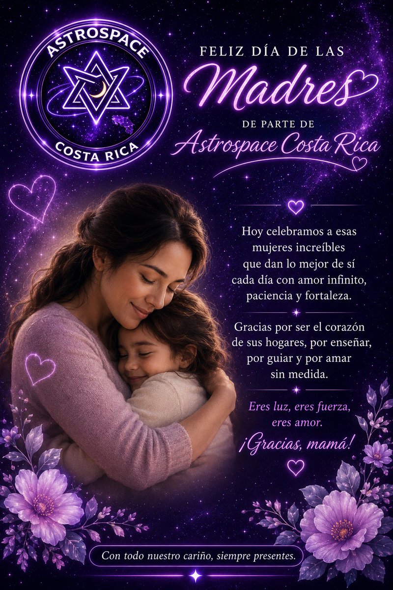 Astrospace_CR's tweet photo. 💐💜 ¡Feliz Día de las Madres! 💜💐
Desde Astrospace 🇨🇷 queremos enviar un abrazo lleno de amor a todas las mamitas.
Gracias por ser ese 🫂 que nos da fuerza, ese 💜 que siempre está presente y ese amor que no conoce límites. 💕🌷
Que hoy reciban todo el cariño que merecen. https://t.co/TyOTSYpeHr