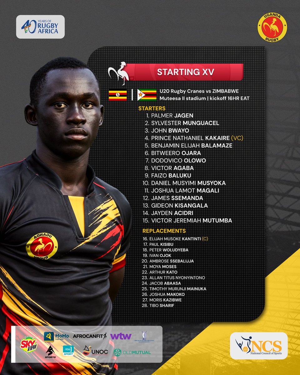 UgandaRugby's tweet photo. 🇺🇬U20 Rugby Cranes Heach Coach Martial Tchumkam has named the team to face Zimbabwe Junior Sables today at Muteesa II stadium, Wankulukuku.

🕰️Kickoff: 16hr EAT
🎫 Tickets: 10,000 ugx

#UgandaRugby https://t.co/qtuKomEbpw