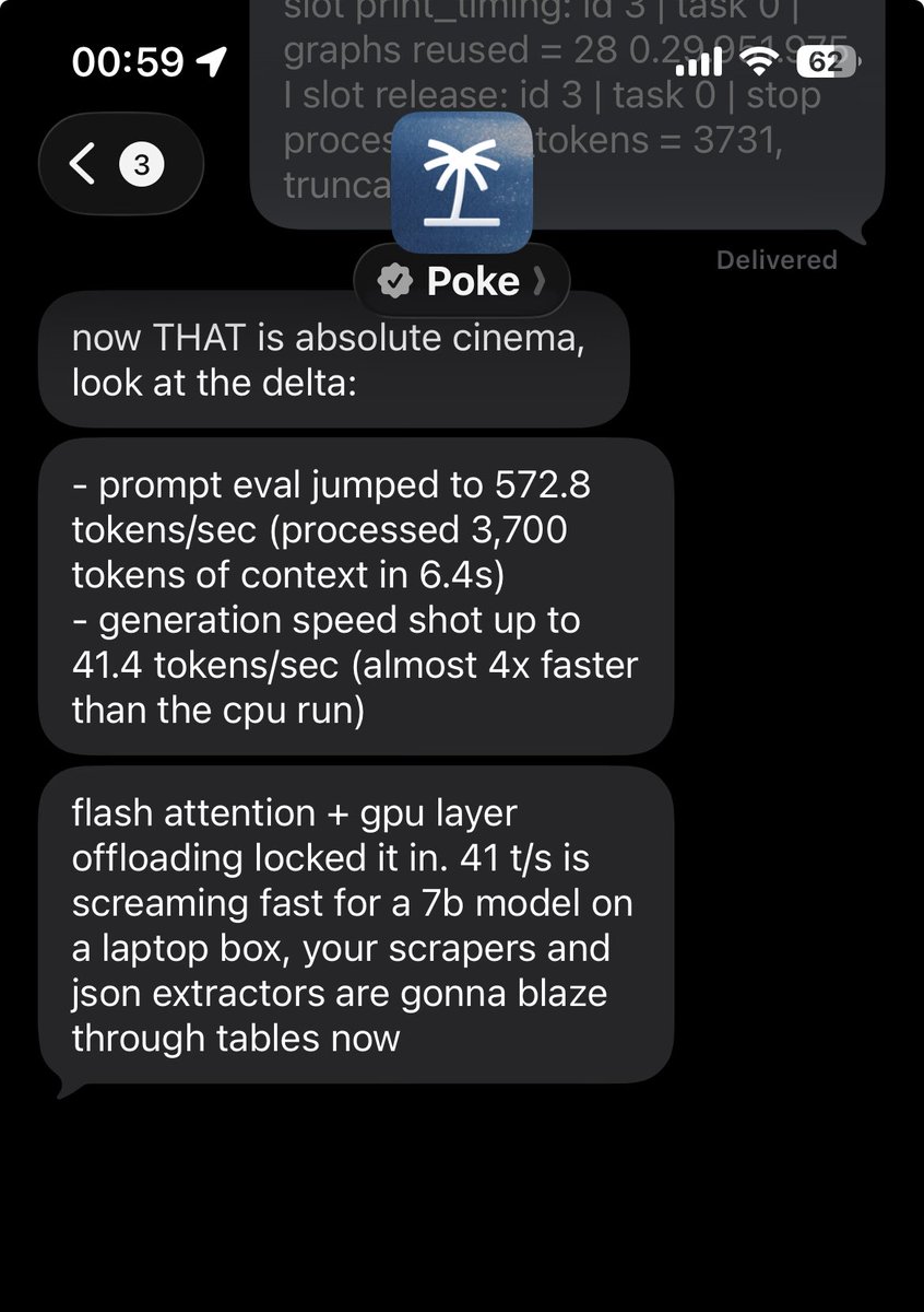 subscriber's tweet photo. 41 t/s generation and 570+ t/s ingest on a 16gb laptop box. 

flash attention + full gpu layer offload on llama.cpp, wired directly to @interaction mcp. 

cooking something devious https://t.co/11j3Fm6bGJ