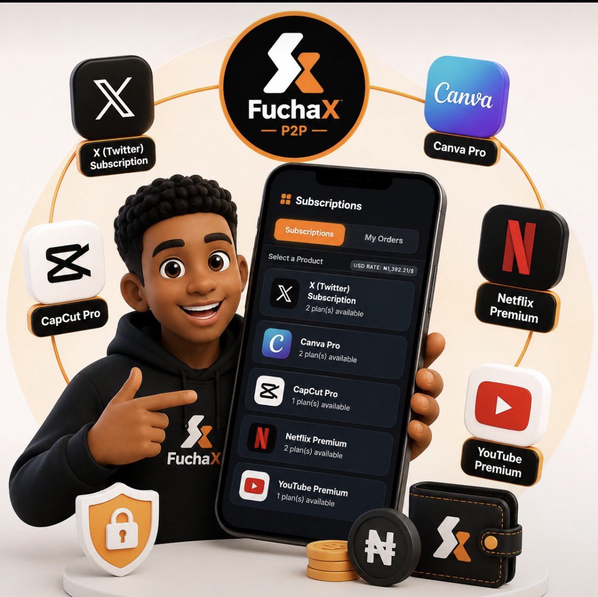getfuchax's tweet photo. NEW ON FuchaX

FuchaX is no longer just for buying and selling crypto.

You can now pay for popular digital subscriptions directly through FuchaX, using Naira.

X Premium, Canva Pro, CapCut Pro, Netflix Premium and YouTube Premium are now available.

Choose your service, pick a plan, make your payment and get started.

We’re building FuchaX to become the place where you can handle more of your everyday digital payments in one platform.

More services are coming.

Try the new feature: https://t.co/NQsMCkOPqi

Join our community: https://t.co/Y9Z3J2KnG6