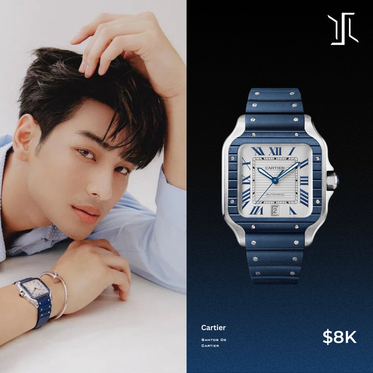 LuxuryShots1's tweet photo. Thai actor Apo Nattawin was spotted wearing the Cartier Santos de Cartier Ref. WSSA0047. Featuring a blue PVD-coated steel case and matching blue dial, it brings a bold modern edge to Cartier's iconic Santos design.

Market Price: $8,000.

#ApoNattawin #Cartier #Santos https://t.co/H5mRYsBysO