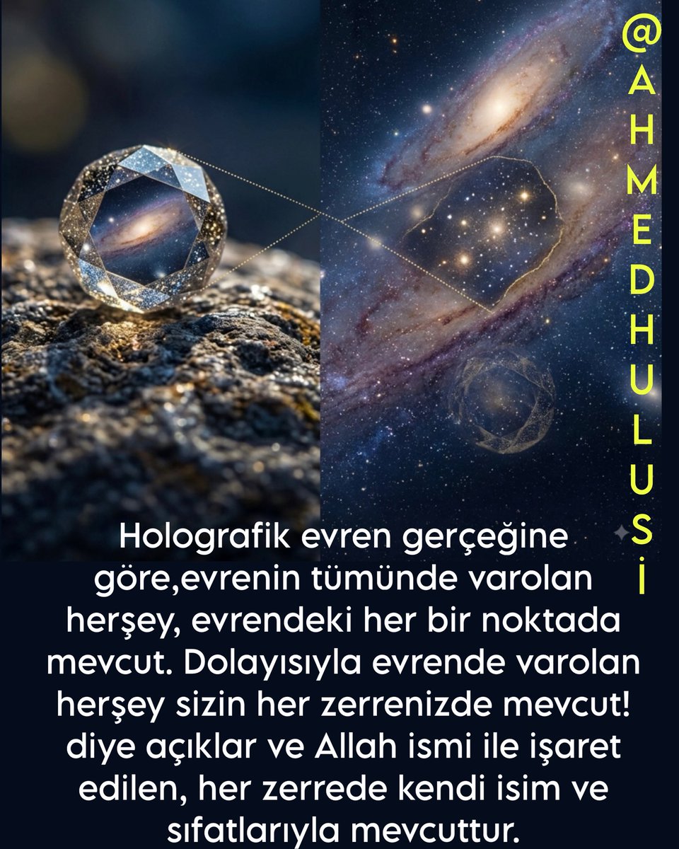 AylinERK's tweet photo. Holografik Gerçeklik ve "B" Harfinin Derinliği

Holografik evren modeline göre; Tekil TEK’te hangi özellik ve potansiyel varsa, çokluk algısından oluşan her şeyde ve her bir algı noktasında da potansiyel olarak mevcuttur.
Yani, çokluk halinde algılanan parçaların her biri, gerçekte TEK’in gayrısı (ondan ayrı bir varlık) değildir; tam aksine, TEK’in tüm özellik ve nitelikleriyle vardır.
Bütünün Bilgisi Zerrede Gizlidir
Nitekim @AhmedHulusi bu hakikati şu sözleriyle ifade eder:

"Holografik evren gerçeğine göre; evrenin tümünde var olan her şey, evrendeki her bir noktada mevcuttur. Dolayısıyla evrende var olan her şey, sizin her zerrenizde mevcuttur! Allah ismi ile işaret edilen, her zerrede kendi isim ve sıfatlarıyla mevcuttur."

"Zerre Küllün Aynasıdır"
Kur’ân-ı Kerîm’in en başına konan "B" harfinin taşıdığı derin anlam da bu temel üzerine oturur. "TEK'in SEYRİ" isimli eserde açıklanan Holografik Gerçeklik; Hz. Rasûlullâh’ın (AleyhisSelâm) "Zerre küllün aynasıdır!" beyanıyla birebir paralellik gösterir.
Buradaki öz nokta şudur: Birim veya zerre olarak algılanan her bir noktada, tüm "El-Esmâ" (ilahi isimler ve nitelikler) potansiyeli eksiksiz bir şekilde mevcuttur. ✨✨✨

Bu muazzam bağlantıyı daha derin anlamak isteyenler için:

https://t.co/mOoiwkZFTa

https://t.co/YoVxVYLW2S

https://t.co/sYA8Dro6sr

https://t.co/Of7B2yWYIF