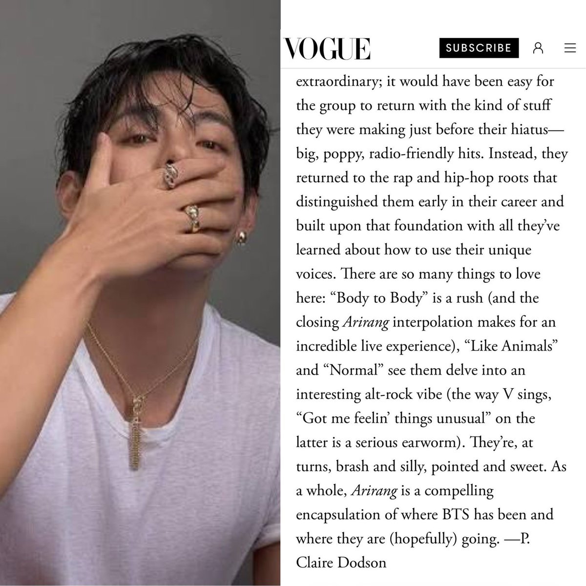 KTH_UK's tweet photo. VOGUE US REALLY SAID VOCALHYUNG🔥

Vogue US named BTS’ ARIRANG one of The Best Albums of 2026 So Far and specifically highlighted Taehyung’s exceptional vocal delivery — the only member singled out for a vocal moment in the article.

“The way V sings ‘Got me feelin’ things unusual’ on [NORMAL] is a serious earworm.”
