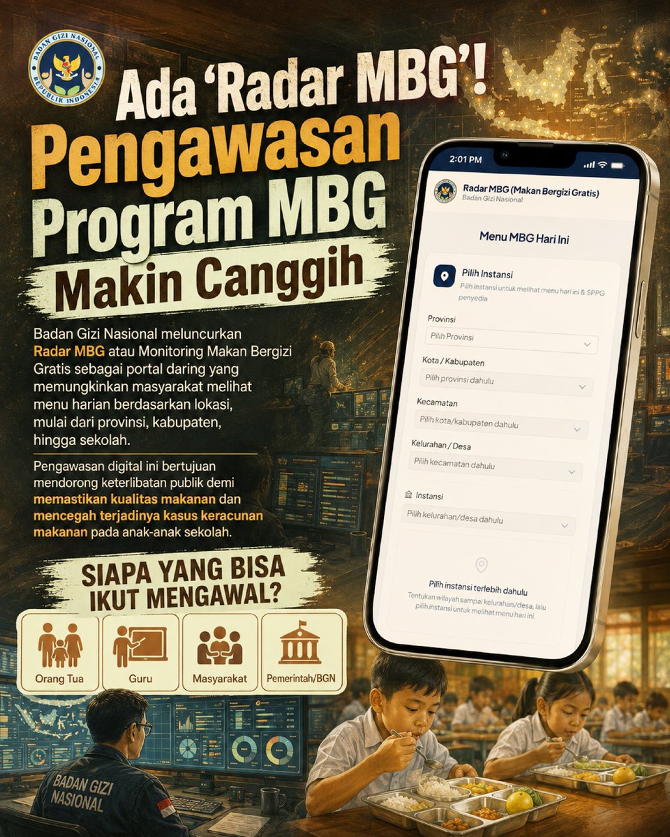 fa7105266's tweet photo. Cek menu MBG harian sekolah makin transparan lewat aplikasi Radar MBG. Semua bisa ikut ngawasi demi cegah keracunan makanan anak-anak.
#jagaindonesia #radarmbg #badangizinasional #transparansimbg #kesehatananak https://t.co/KqmxvIxOGQ