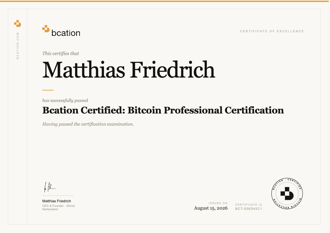 matt_free_da's tweet photo. 🎓 bcation setzt neue Standards in der Bitcoin-Bildung.

Mit der bcation Certified: Bitcoin Professional Certification schaffen wir die Möglichkeit, erworbenes Wissen durch eine offizielle Zertifizierung nachzuweisen.

Unser Ausbildungsansatz verbindet Theorie und Praxis und vermittelt fundierte Kenntnisse in den Bereichen Bitcoin, Geldsystem, Selbstverwahrung, Sicherheit und praktische Anwendung.

Du möchtest Bitcoin nicht nur kaufen, sondern wirklich verstehen?

Dann entdecke die Bildungsangebote von bcation und werde Teil einer wachsenden Community, die auf Wissen statt auf Spekulation setzt.

#Bitcoin #BitcoinEducation #BCATION #BTC #FinancialEducation #Certification