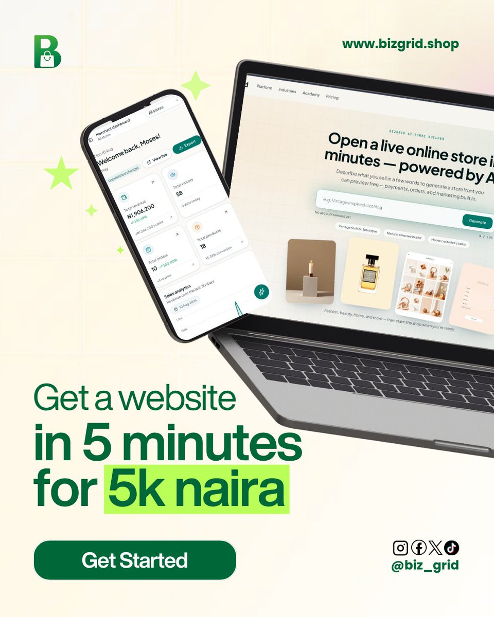 biz_grid's tweet photo. Your business shouldn't stay offline. 🚀

Get a professional website in 5 minutes for just ₦5,000 with BizGrid.

Build your business. Connect with buyers. 💚

🌐 https://t.co/3rqaM96LSz
📲 @biz_grid
#BizGrid #OnlineBusiness #BusinessGrowth #devpost #devposthack https://t.co/ZjhlPQTkvG