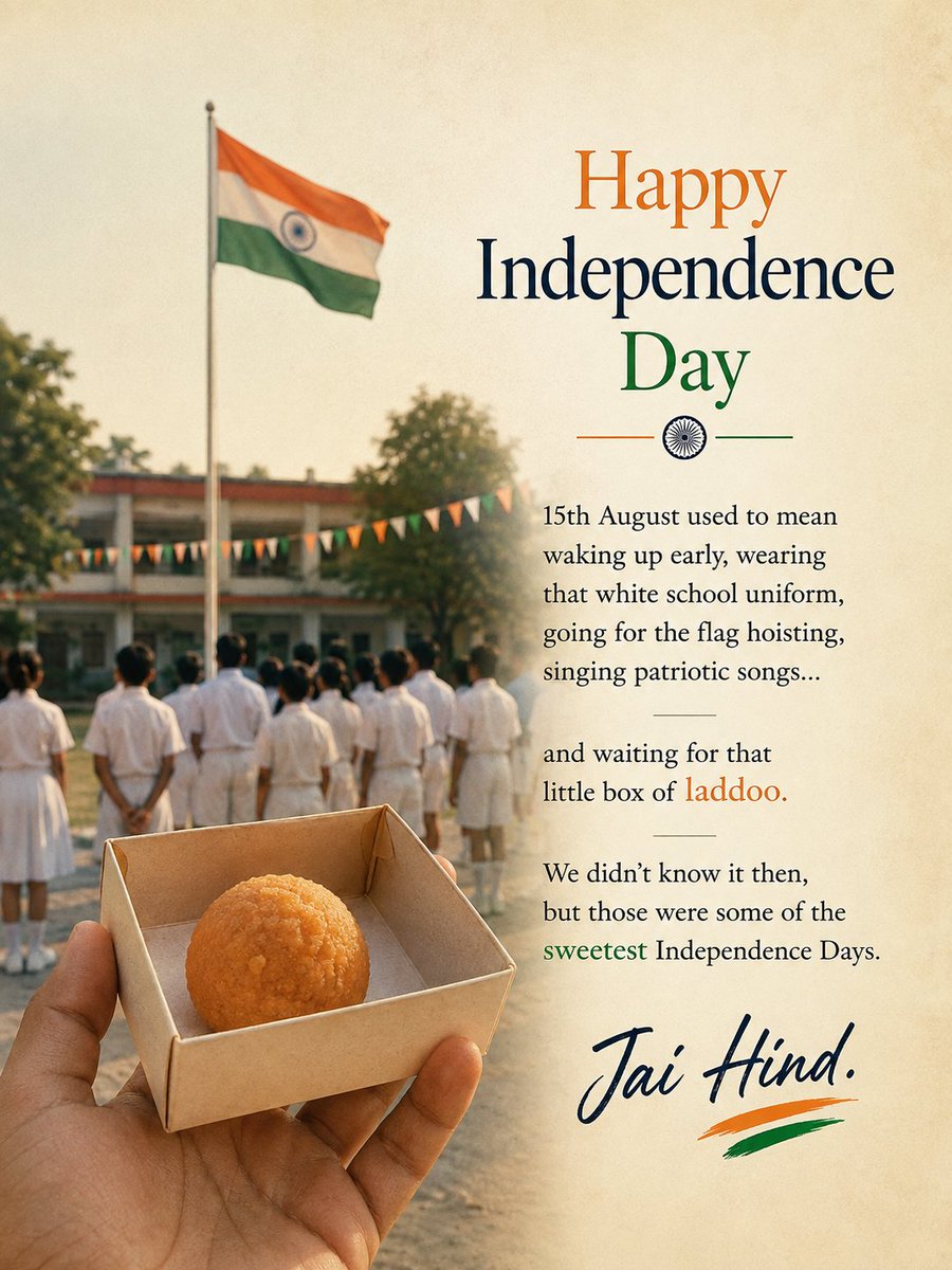 ankitparasharaa's tweet photo. 15th August used to be one of the days I looked forward to the most.

White uniform. Flag hoisting. Patriotic songs. And those 2 laddoos. 🇮🇳

We didn't know it then, but those were some of the sweetest Independence Days.

Happy Independence Day. https://t.co/UBakrqiLkI