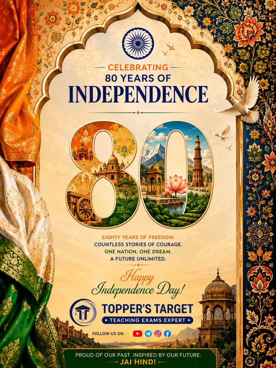 ToppersTarget's tweet photo. 🇮🇳 80 साल की आज़ादी, 80 साल का गौरव!
हर सपना, हर संघर्ष, हर जीत — आज हम उन्हें सलाम करते हैं जिन्होंने हमें ये आज़ाद सुबह दी। चलिए मिलकर सेलिब्रेट करें देश की तरक्की और अपने भविष्य का नया संकल्प लें।
स्वतंत्रता दिवस की 80वीं वर्षगांठ की हार्दिक शुभकामनाएं! जय हिंद! 🇮🇳 https://t.co/ySGfmo6PBc