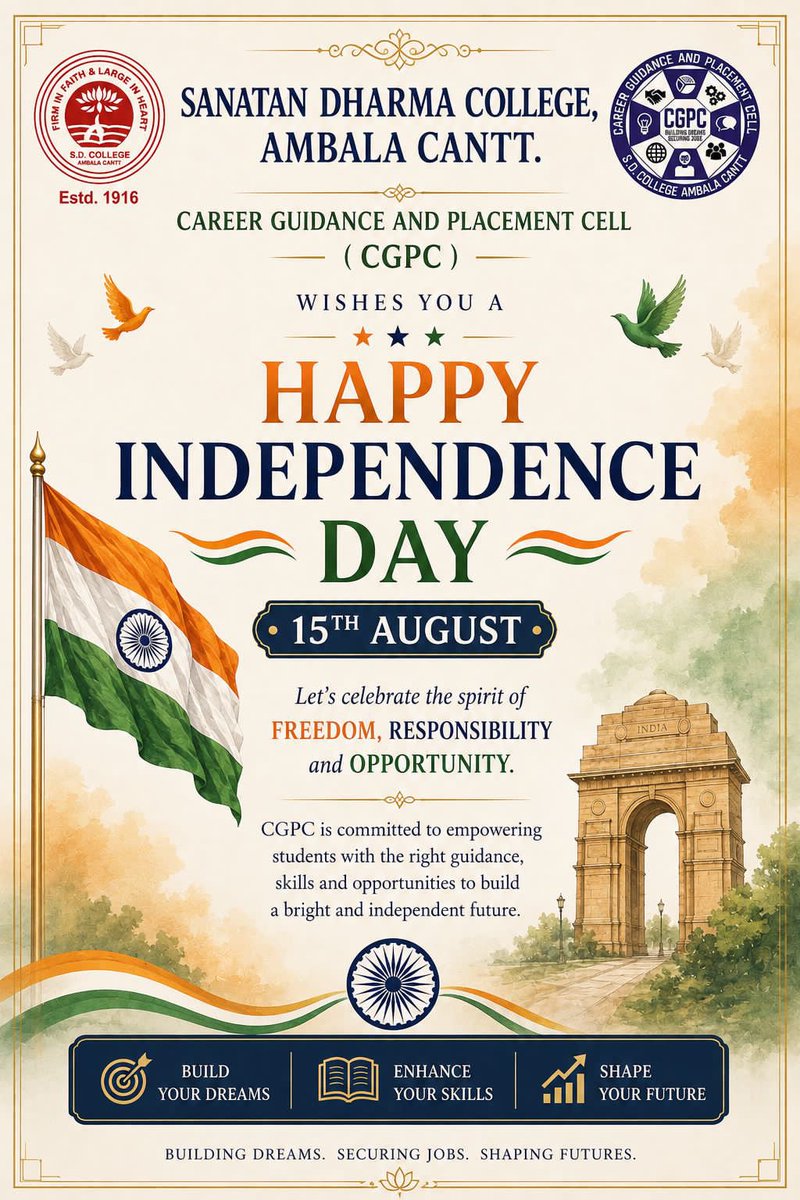 cgpcsdc's tweet photo. 🇮🇳 Happy Independence Day! 🇮🇳

Celebrating freedom, responsibility &amp; the spirit of opportunity. May our youth keep learning, growing and shaping a brighter India. 🇮🇳✨

#IndependenceDay #15August #CGPC #SDCollege #ViksitBharat #viral https://t.co/zmLZVB5xZw