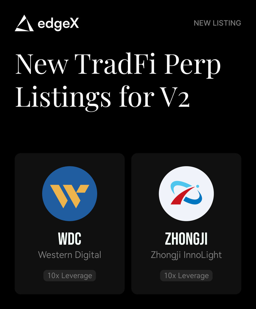 edgeX_exchange's tweet photo. New TradFi Perp Listing on edgeX V2

$WDC
Western Digital, hard disk drive and data storage solutions provider.

$ZHONGJI
Zhongji InnoLight, high-speed optical transceiver solutions provider.

Trade to Earn $EDGE &amp; $USDC
https://t.co/l5OVE1gVtT https://t.co/oYSymoLZ1F