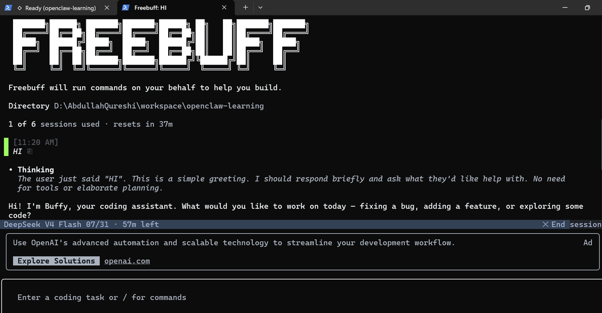 0xabdullah27's tweet photo. I found #Freebuff — a free AI provider that works right from the terminal with a simple Google login.
#Bonsai just stopped their service today.
Thanks to @CodebuffAI
Another interesting tool added to the stack. Testing it for real work now.
#AI #FreeAI #DevTools https://t.co/GCHi379MFN