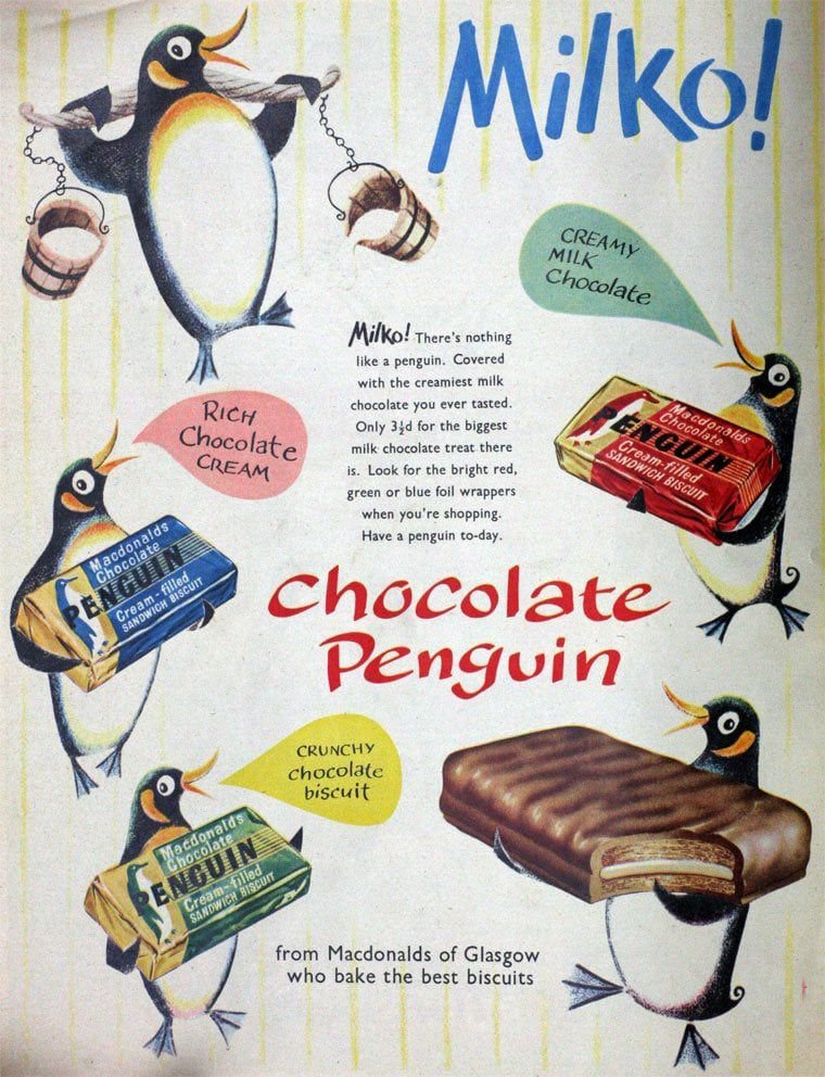 74frankfurt's tweet photo. The Penguin biscuit – invented in 1932 by Glasgow baker William Macdonald at his Macdonald Biscuits factory in the Hillington area of Glasgow. https://t.co/2nM6zd8ouj