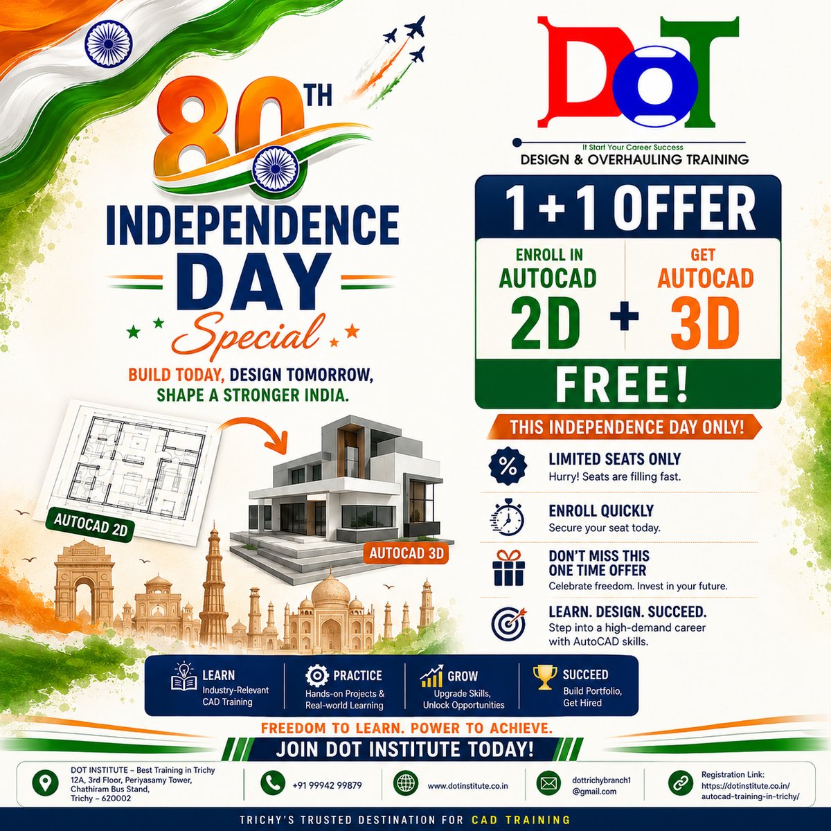 dot_institute_'s tweet photo. 80th Independence Day Special! 🇮🇳

🚀 Upgrade your CAD skills with DOT Institute, Trichy!

🔥 1+1 AutoCAD Offer
🎯 Enroll in AutoCAD 2D
🎁 Get AutoCAD 3D FREE!
📍 Chathiram Bus Stand, Trichy
📞 +91 99942 99879
🌐 https://t.co/EIQiA2XUw3
⏳ Limited seats. Enroll now!
#DOTInstitute https://t.co/Pe7MMUNnJ1