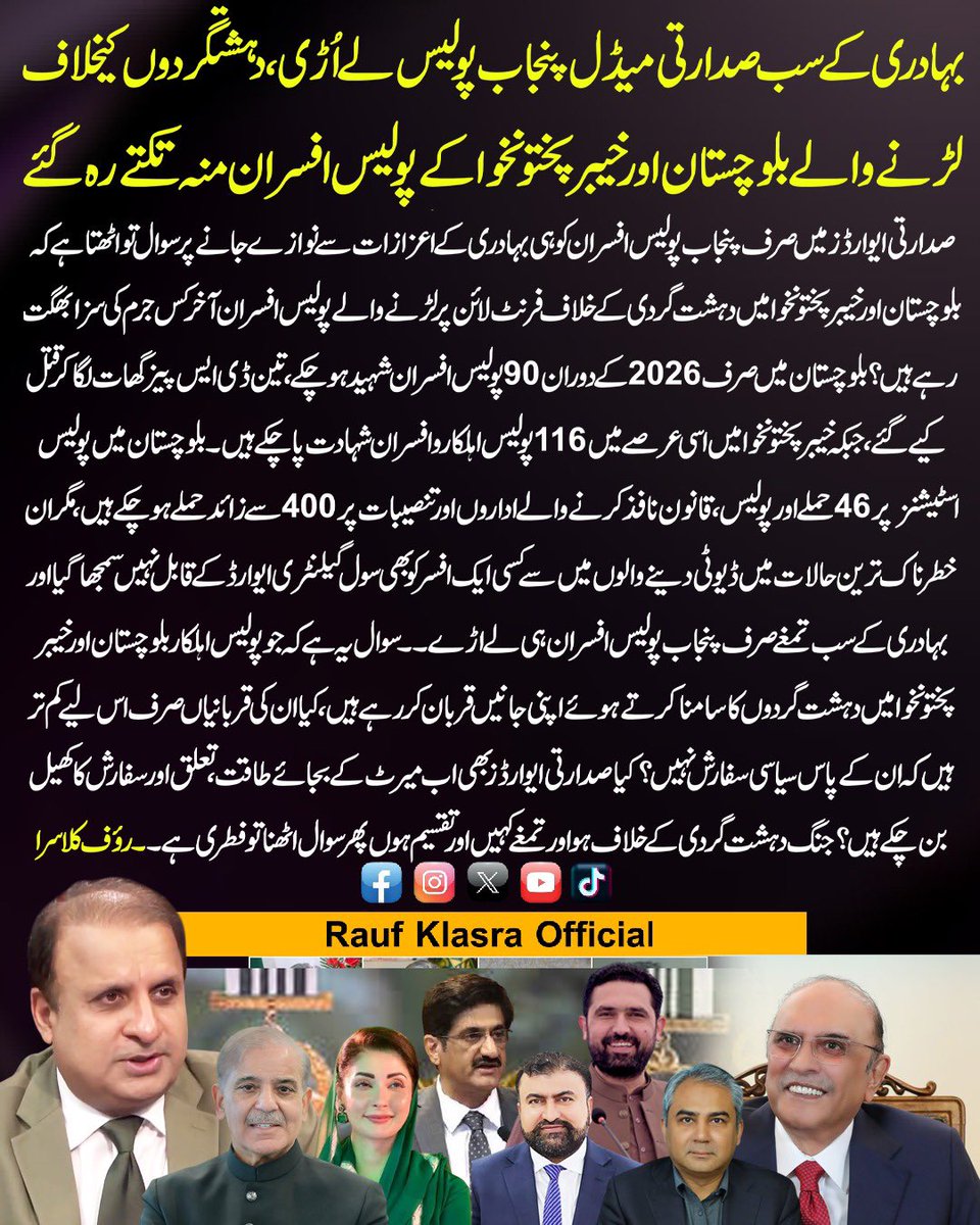 KlasraRauf's tweet photo. Is it not a national shame?

This year no state awards announced for Balochistan/KPK Police Officers fighting against terrorists and offering lives in line of duty. All gallantry awards quietly grabbed by Punjab Police Officers.

Balochistan

At an average 12 attacks per day against Police / LEAs / infrastructure for past one year, since August 2025 - 2026

90 police officers have embraced Shahadat in Balochistan only in 2026. 

Three DSPs have been ambushed and killed. SHOs have embraced Shahdat while protecting police stations / Fighting terrorists. Constables have embraced Shahadat. 

DIG Kalat, DIG Makran, DIG Quetta, DIG Rakshan, DIG Loralai are being targeted by terrorists. 

SSPs Turbat, Panjgur, Gawadar, Kalat, Khuzdar, Surab, Mastung, Chaghi, Kharan have been attacked by terrorists and are working under severe threats.  

Noshki, Kharan, Mastung, Kalat, Quetta were attacked on 31 January 2026 by BLA in operation called Herfo 2. 

22 police officers including DSP embraced Shahadat during Herof 2. 

Severe threats of Herof 3 (by BLA) and BAAM 2 (by BLF) 

TTP, BLA, BLF, BRG, ISPP has been attacking police & LEAs. 

2026: Joint Police, FC and Army operations in Balochistan around Quetta 
A. Operations Shabaan 
B. Operation Zarb e Azm 

Police officers being kidnapped and killed while traveling from one city to another by road. One DSP Bugti was kidnapped and killed in July 2026. 

46 attacks on police stations in 2026. 

Police is working under extreme conditions and terrorists threats. 

400+ attacks in 2026 against Police, LEAs and infrastructure 

Police officers who don’t have any political safarish are posted in Balochistan. 

No rotation policy is effective. There were two rotation policies for posting in Balochistan but establishment division has suspended  both rotation policies. 

If an officer (who has no safarish) is posted in Balochistan, he spends years before he can get a posting out of Balochistan. 

Army officers who are posted in Balochistan come here for fixed two years. After two years of service in hard area of Balochistan they are given posting at their choice station (city). 

However police officers have to find safarish / beg politicians  to get them out of Balochistan even after serving for years. 

Why rotation policy is suspended. Only to help police officers with connections / safarish. 

Why those officers who have not served outside Punjab / Sindh not posted to Balochistan. 

Some DIGs / SSP / PSP officers are stuck in Balochistan for past 7 years. Only because they have no Safarish. Where is merit in bureaucracy.  

War on terror is fought in KPK and Balochistan. But gallantry awards are being given to officers from Punjab. 

KPK

War on terror is being fought in KPK. 

In 2026, 116 police officers embraced Shahadat in KPK. 

Continuous attacks in Waziristan, Dir, D I Khan, Swat, Khyber and Peshawar. 

Except Peshawar to Islamabad motorway, Police and LEAs are being targeted / not safe. 

16 officers including DSP from Al-Buraq team (The elitest police commandos) were killed in Dir attack in July 2026 by TTP. 

Disheartened Fact

No officer from KPK and Balochistan was recognized with Civil Gallantry Awards.  

Only officers from Punjab police were awarded Civil awards.

(A message from a retired Police Officer) 

@CMShehbaz @MohsinnaqviC42 @MIshaqDar50 @AyazSadiq122 @MaryamNSharif @AAliZardari @SohailAfridiISF @PakSarfrazbugti @RajakhurramNA48 @HinaRKhar @GovtofPunjabPK @BarristerGohar @Ali_MuhammadPTI @TararAttaullah @AonAbbasPTI 
@OfficialDPRPP @anwaar_kakar
@KhawajaMAsif @KhawajaMAsif @OfficialDGISPR 
@A_Qadir_Patel @SyedAghaPPP @HinaRKhar @SenatorSaleem