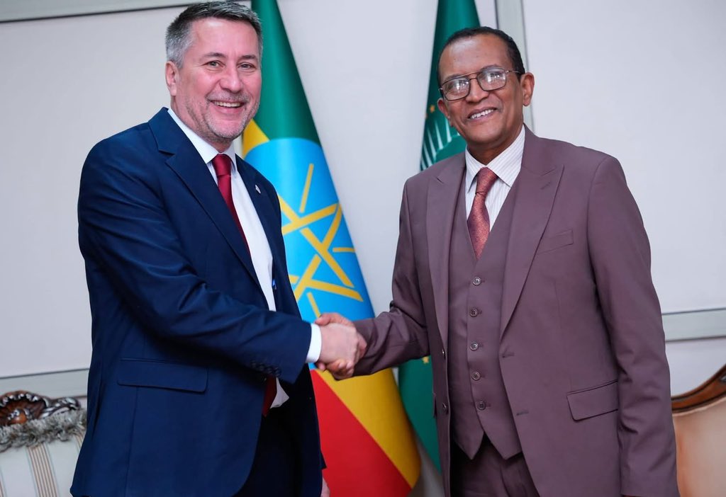 MFAEthiopia's tweet photo. Chief of State Protocol at the Ministry of Foreign Affairs of the Federal Democratic Republic of Ethiopia, Melaku Bedada, received copies of the Letters of Credence of the newly appointed Representative of the International Committee of the Red Cross (ICRC) to Ethiopia, Mr. Martin Thalmann.