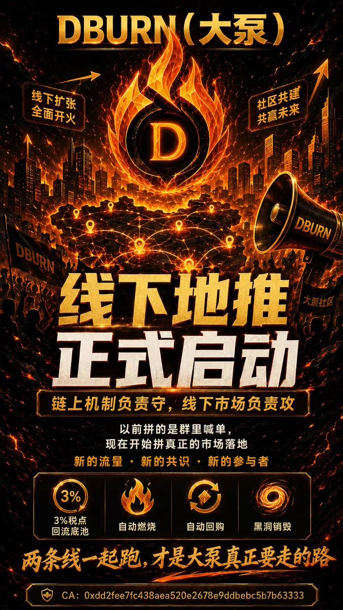 DBURN_BSC's tweet photo. 🔥 #DBURN 大泵，浮筹清洗基本完成，盘面进入重新蓄力阶段。
真正值得关注的不是一根K线，而是机制还在持续运转。

🔸 3%买卖税全部回流底池
🔸 每小时底池单边燃烧
🔸 每分钟0.01 BNB自动回购销毁
🔸 线下地推正式启动，增量市场开始铺开

筹码在沉淀，底池在变厚，市场在扩散。
DBURN，下一阶段正式开场。
CA：0xdd2fee7fc438aea520e2678e9ddbebc5b7b63333