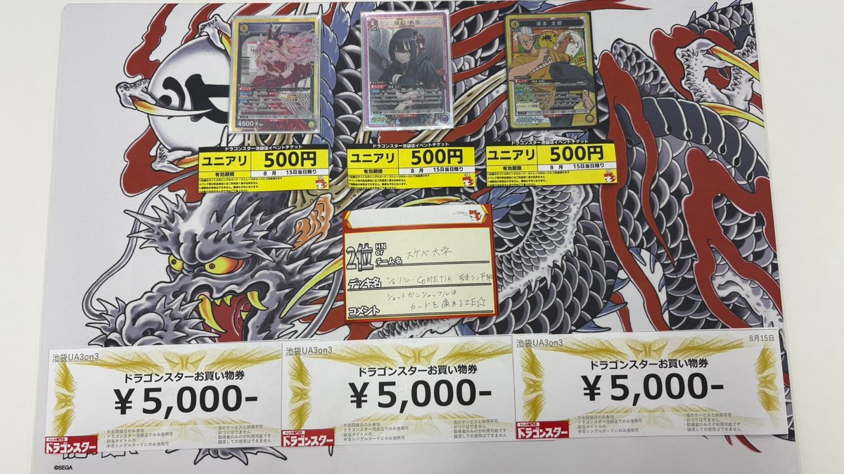 ds_ikebukur0's tweet photo. #ユニアリ　#池袋UAカップ
本日は23チームでの開催になりました‼️

🏆優勝チーム

✨【キミとセミブルー】✨

🥈準優勝チーム

✨【スケベ大学】✨

🥉ベスト４

✨【あとみっく。】✨

✨【思い出なんかいらん】✨

となりました🎉🎉🎉
🎊おめでとうございます🎊
デッキのお写真もいただきました📷
ありがとうございます🤩

#ドラゴンスター池袋