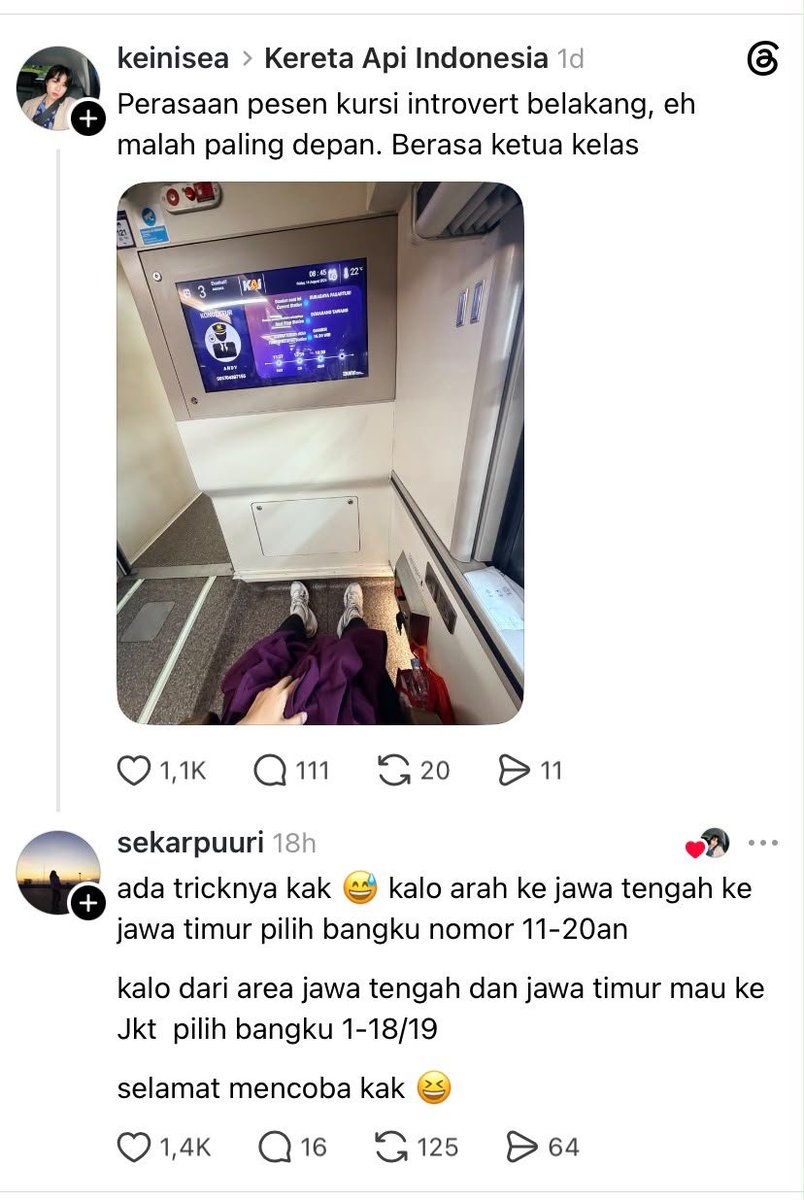 LambeSahamjja's tweet photo. tips beli kursi kereta dari netizen:
- biar dapat yang belakang/pojok (sepi)
- kalau arah dari jawa tengah ke jawa timur
- pilih bangku nomor 11-20an
- kalau dari area jawa tengah dan jawa timur mau ke jakarta, pilih bangku nomor 1-18/19 https://t.co/3q70YeHIF0